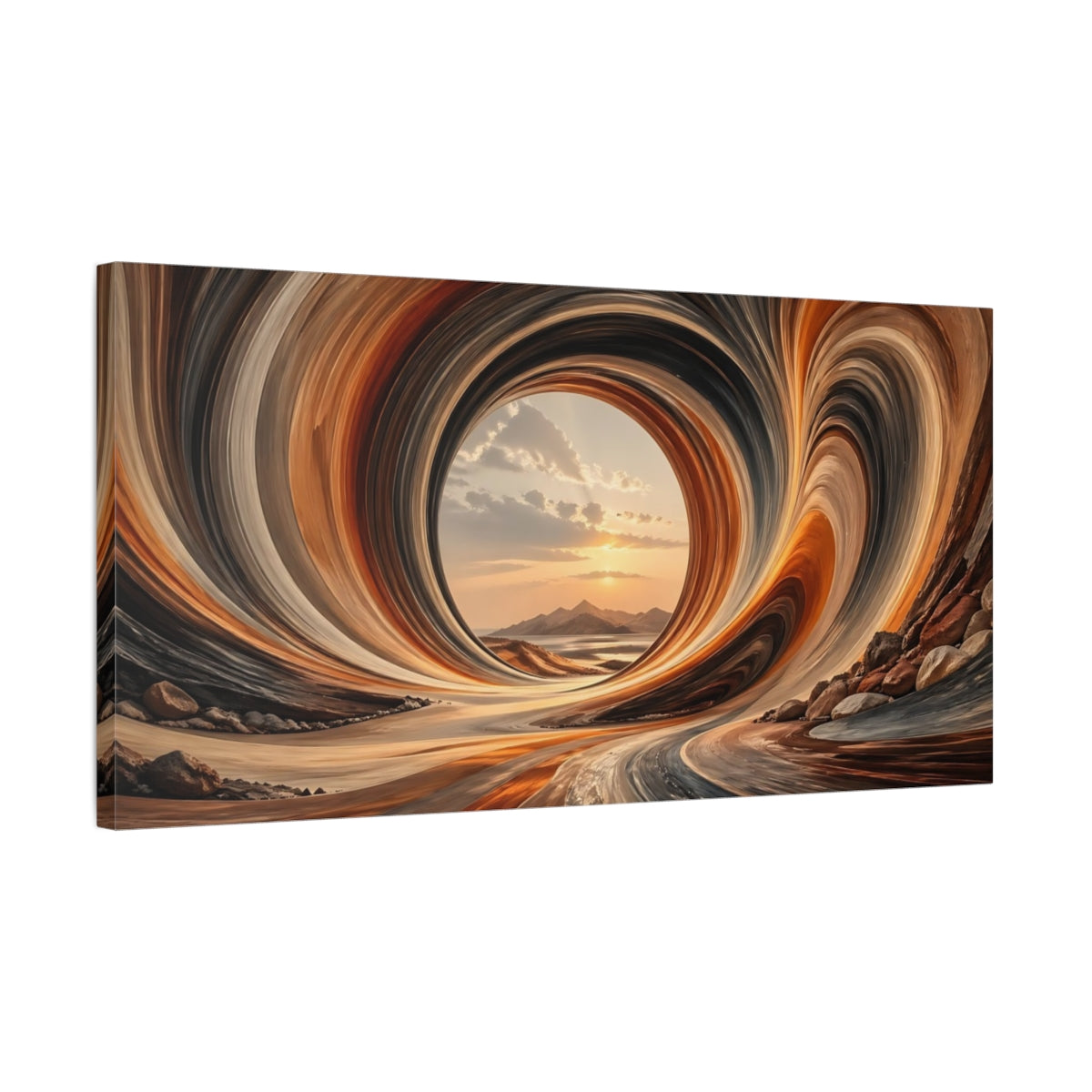 Side Mockup 1. Abstract Abstract Vortex Orange Gray shown as stretched canvas wall art