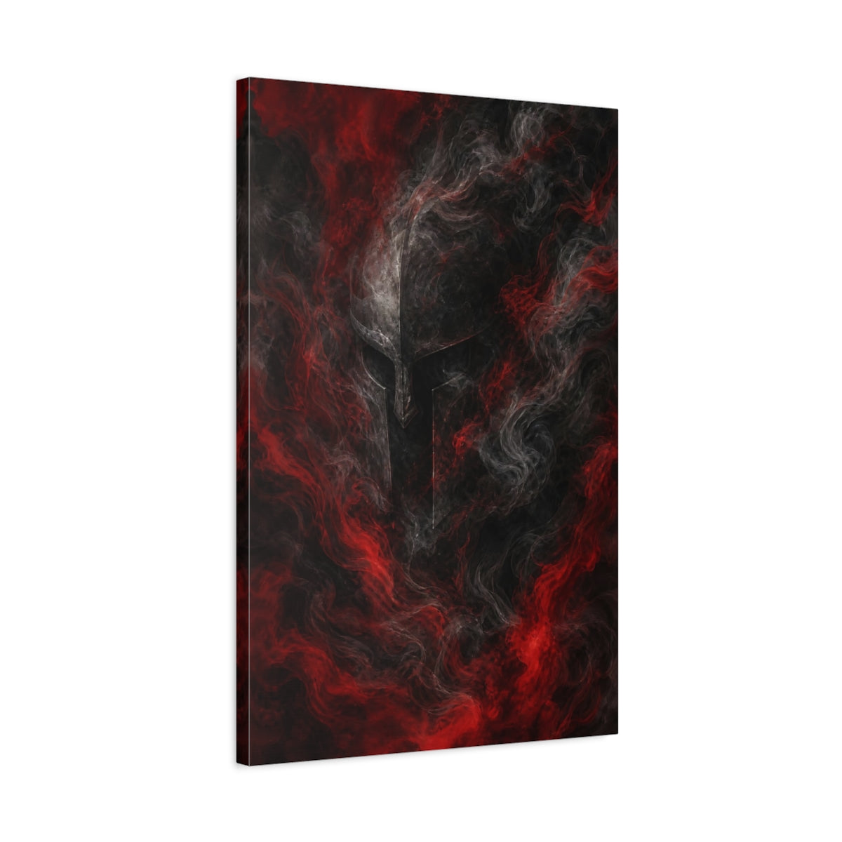 Side Mockup 2. Abstract Warrior Helmet Red And Black shown as stretched canvas wall art