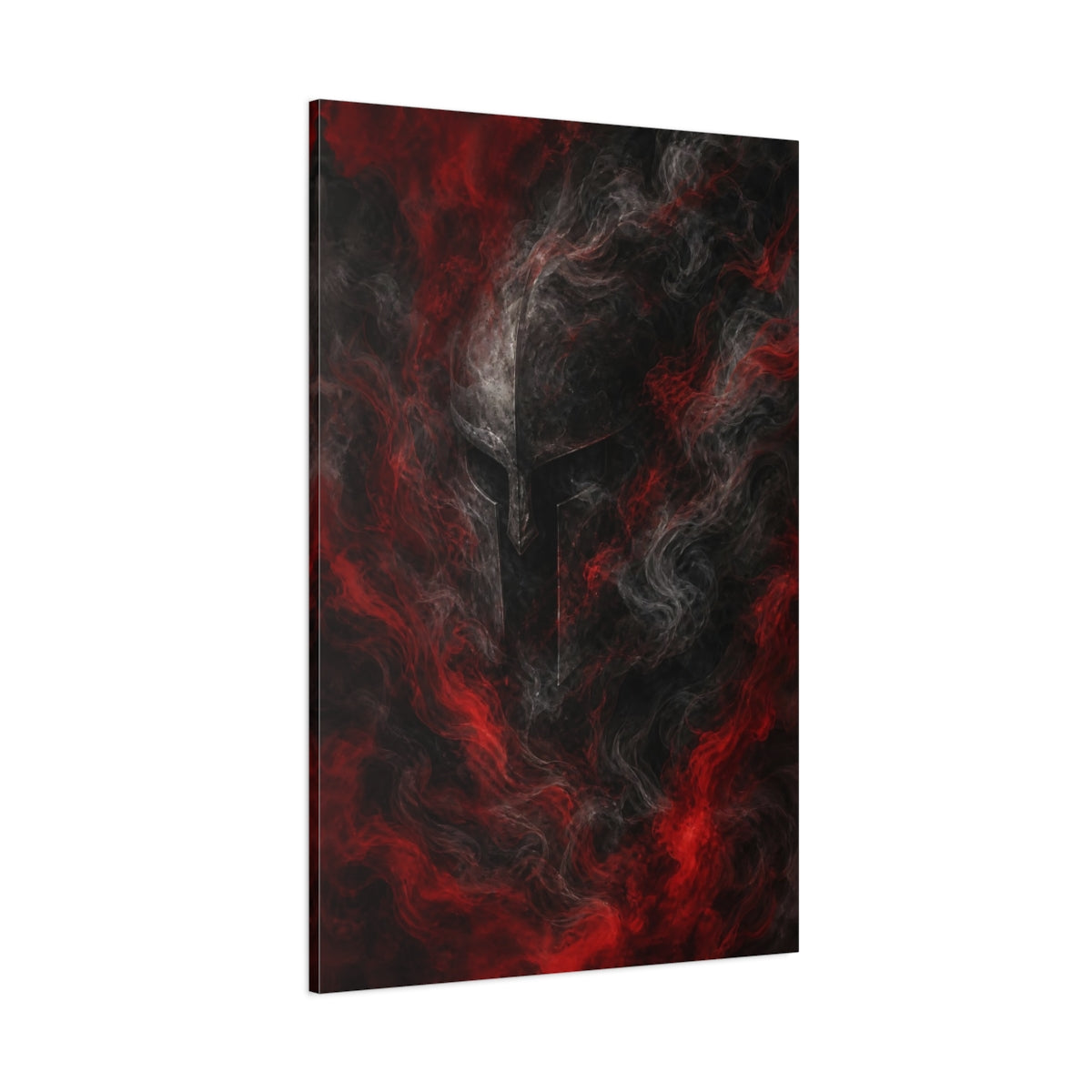 Side Mockup 1. Abstract Warrior Helmet Red And Black shown as stretched canvas wall art