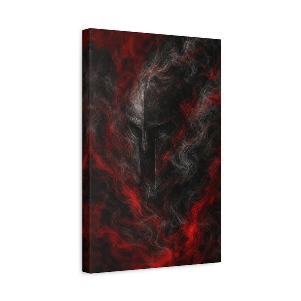 Side Mockup 4. Abstract Warrior Helmet Red And Black shown as stretched canvas wall art