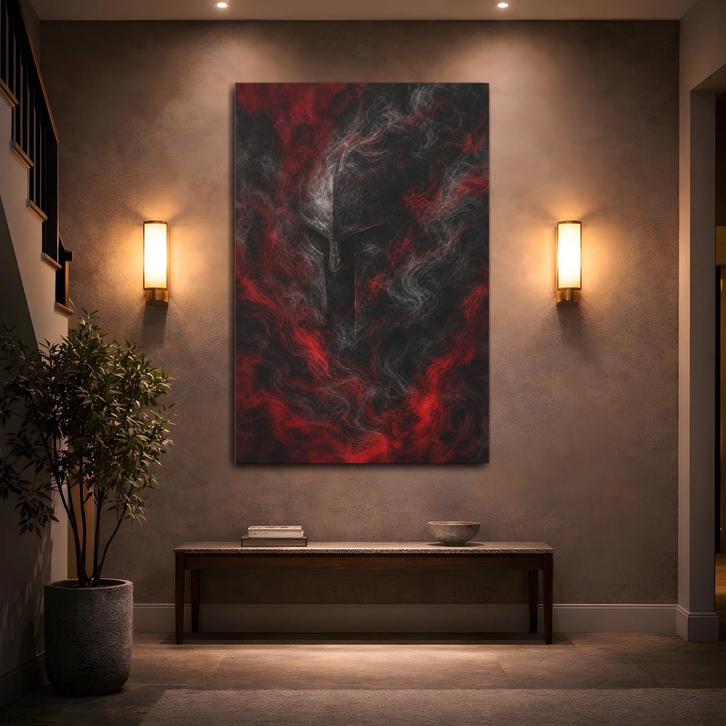 Mockup 2. Abstract Warrior Helmet Red And Black shown as stretched canvas wall art