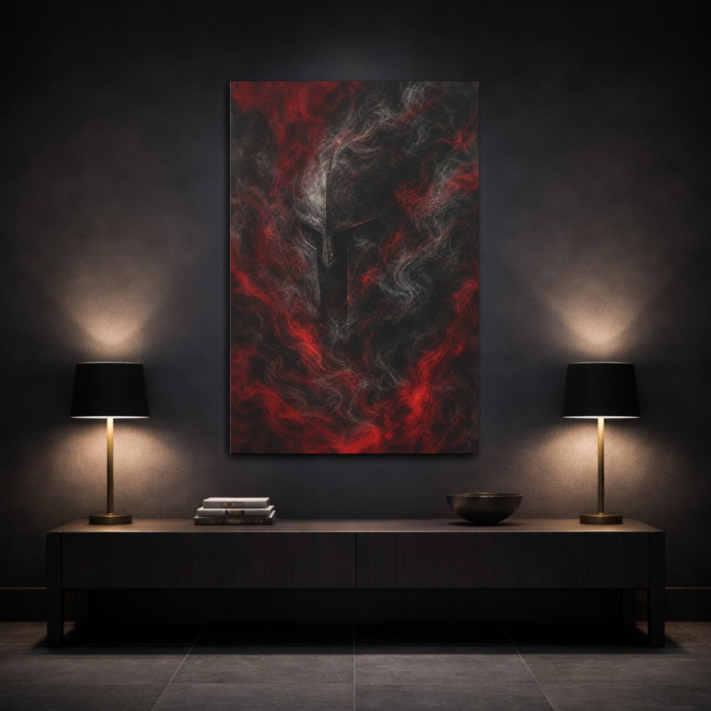 Mockup 3. Abstract Warrior Helmet Red And Black shown as stretched canvas wall art