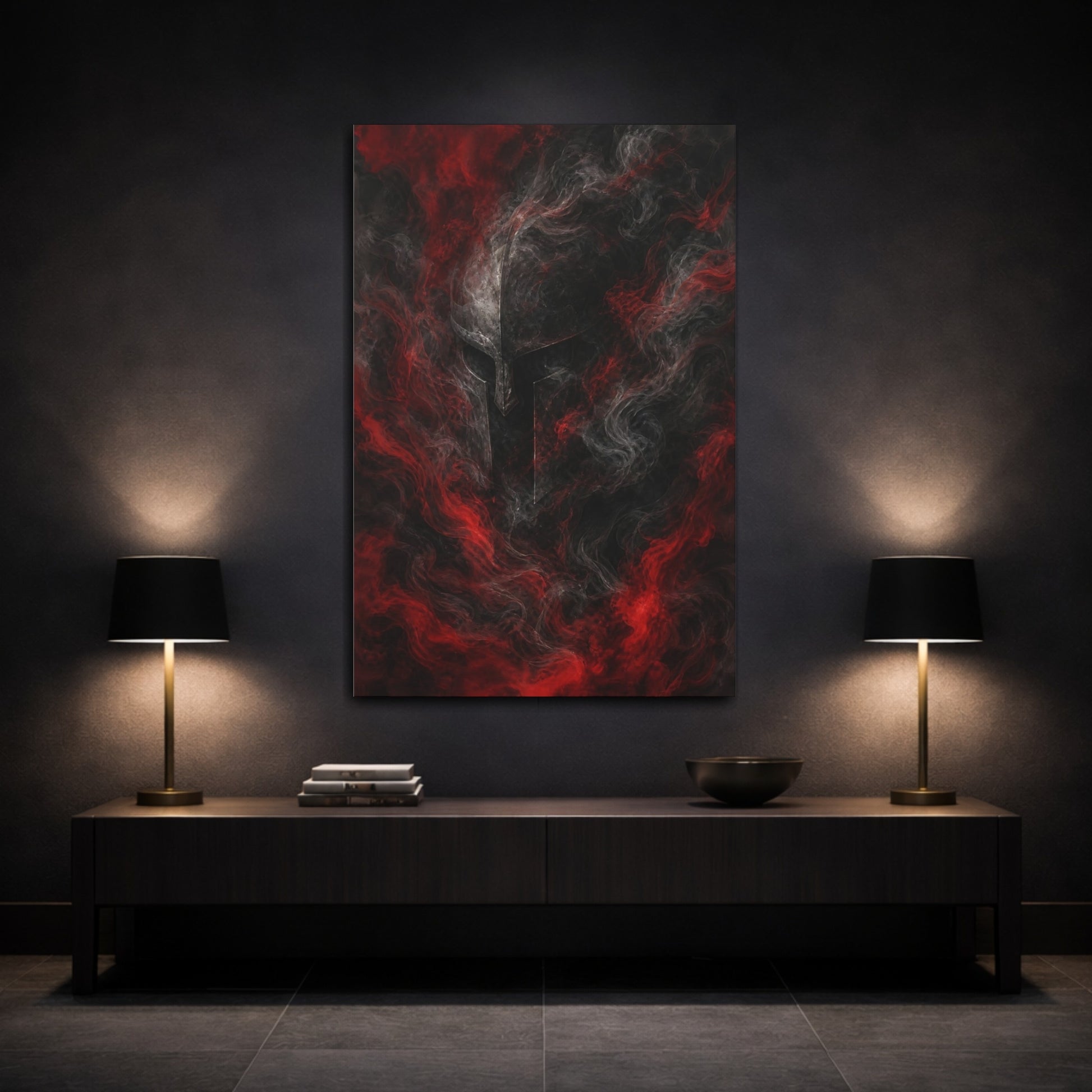 Mockup 3. Abstract Warrior Helmet Red And Black shown as stretched canvas wall art