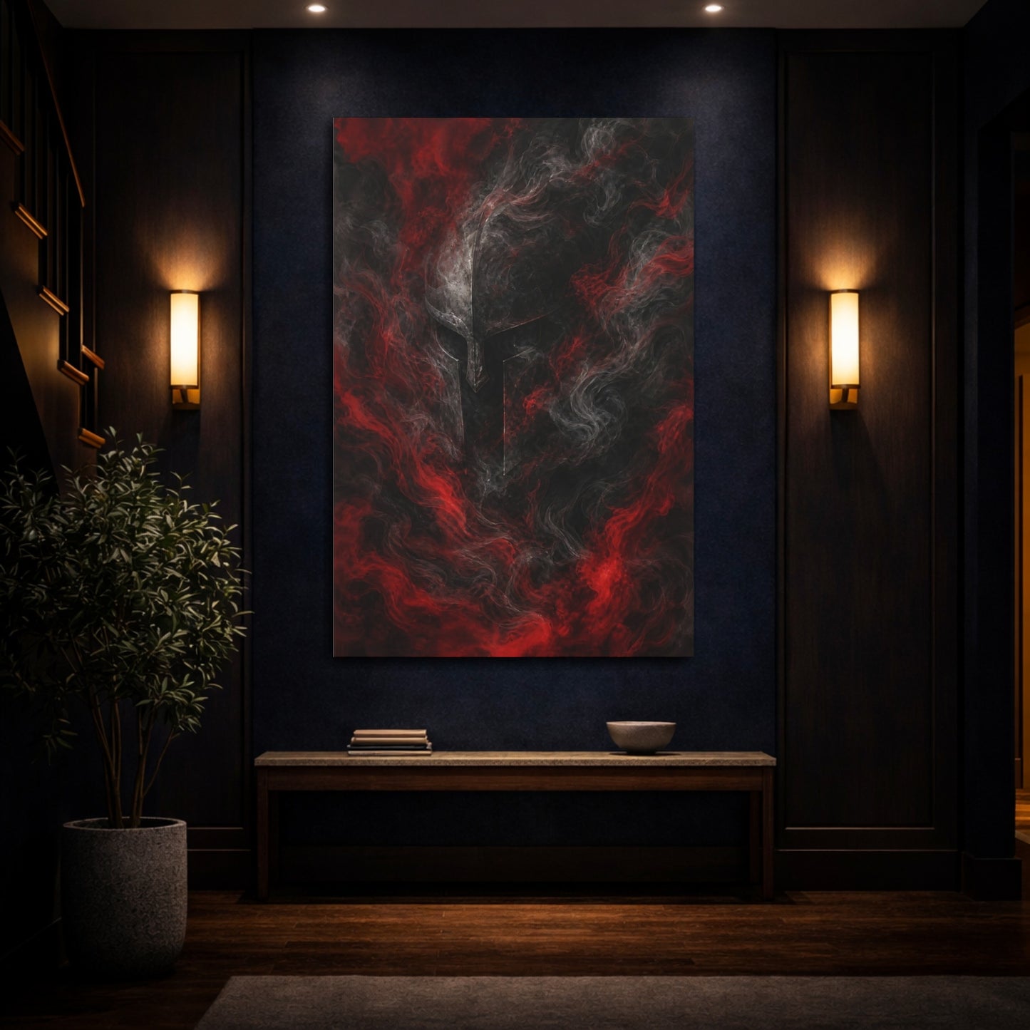 Mockup 4. Abstract Warrior Helmet Red And Black shown as stretched canvas wall art