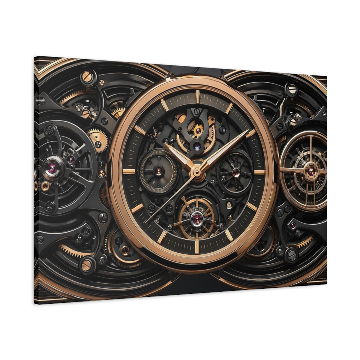 Main Mockup. Abstract Watch Mechanism Black And Gold shown as stretched canvas wall art