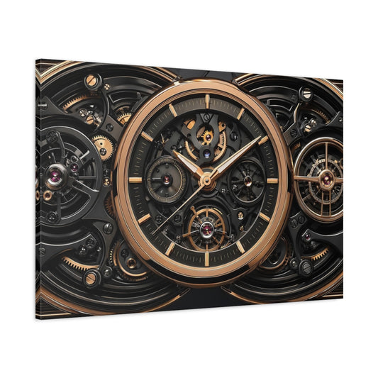 Main Mockup. Abstract Watch Mechanism Black And Gold shown as stretched canvas wall art