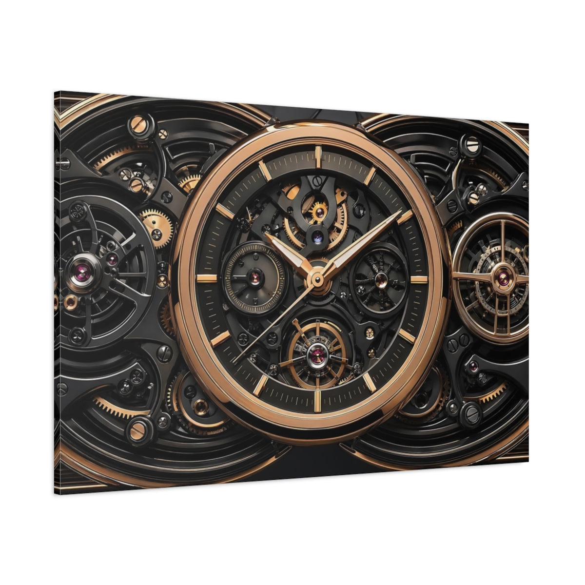 Side Mockup 1. Abstract Watch Mechanism Black And Gold shown as stretched canvas wall art