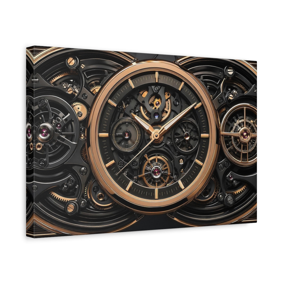 Side Mockup 4. Abstract Watch Mechanism Black And Gold shown as stretched canvas wall art
