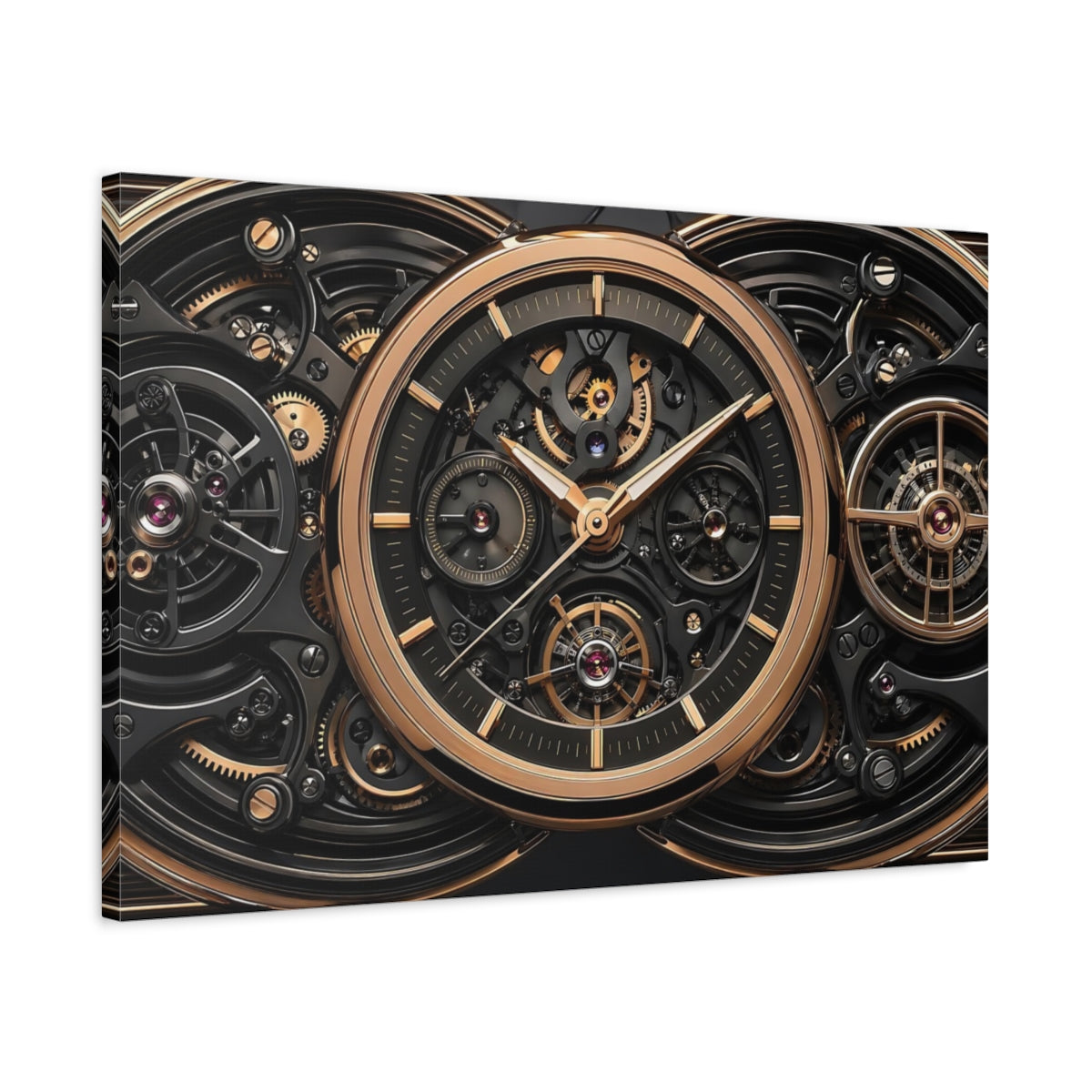Side Mockup 2. Abstract Watch Mechanism Black And Gold shown as stretched canvas wall art