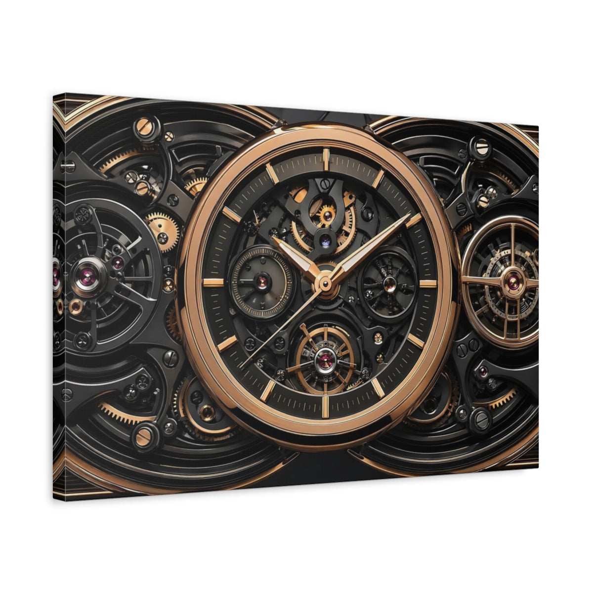 Side Mockup 3. Abstract Watch Mechanism Black And Gold shown as stretched canvas wall art