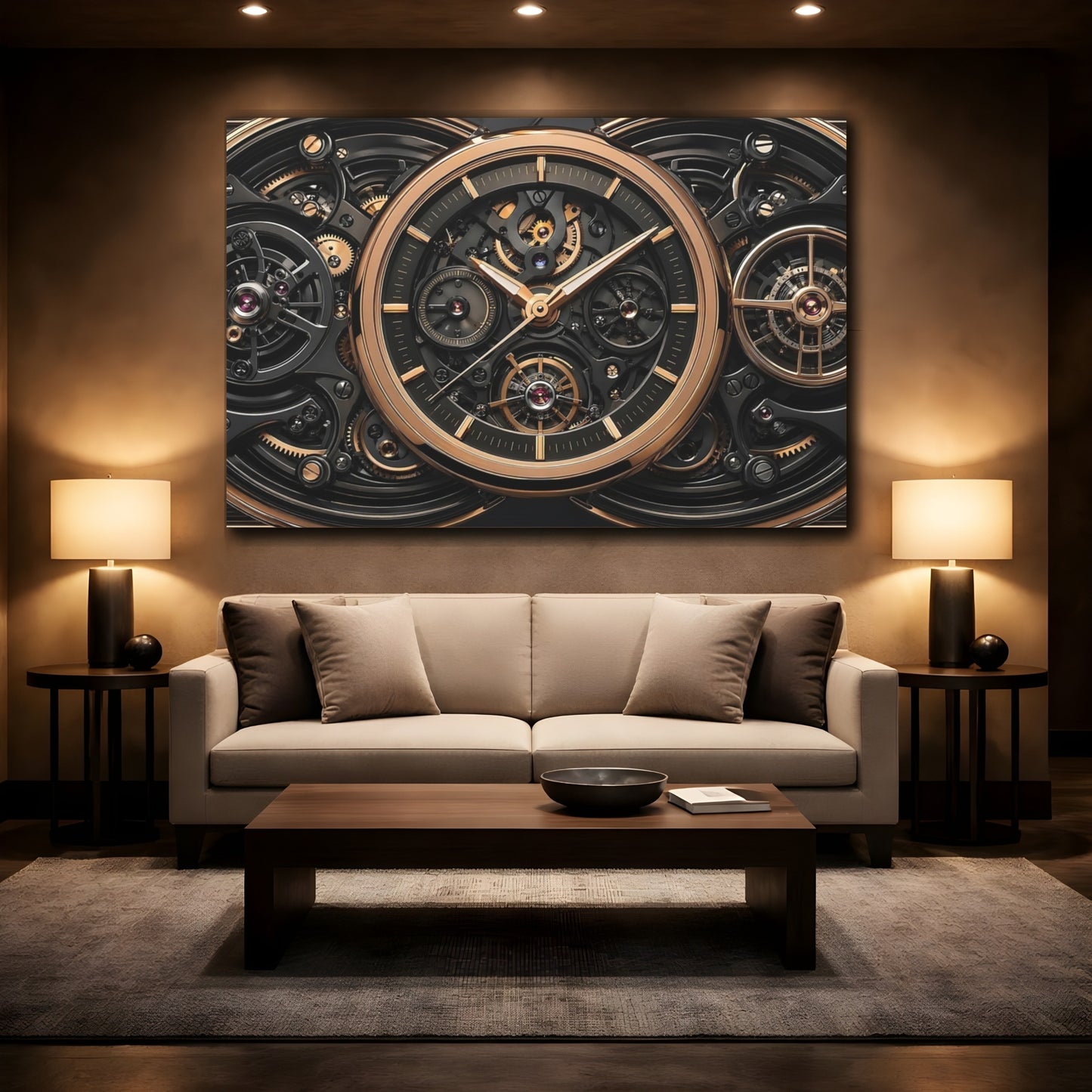 Mockup 2. Abstract Watch Mechanism Black And Gold shown as stretched canvas wall art