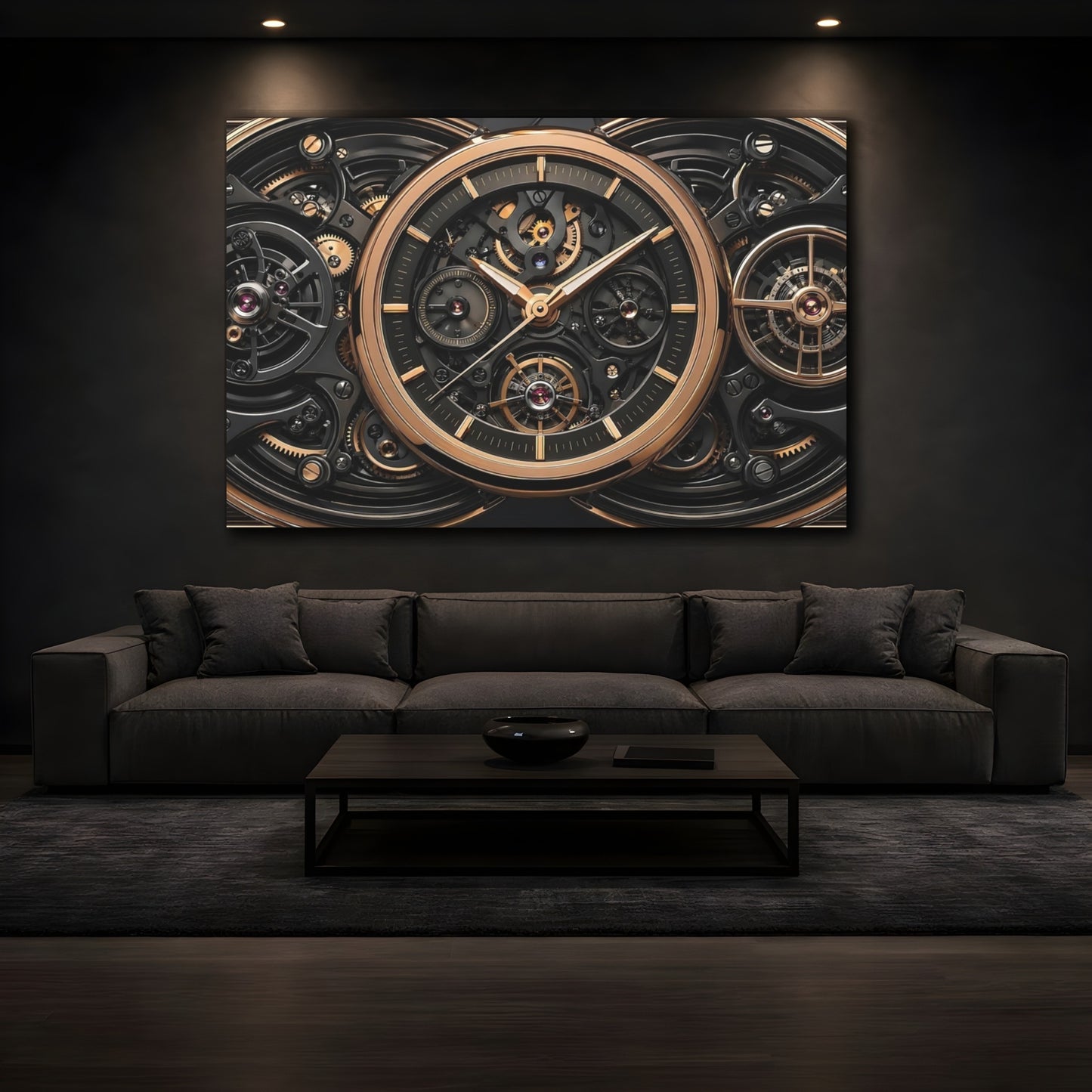 Mockup 3. Abstract Watch Mechanism Black And Gold shown as stretched canvas wall art