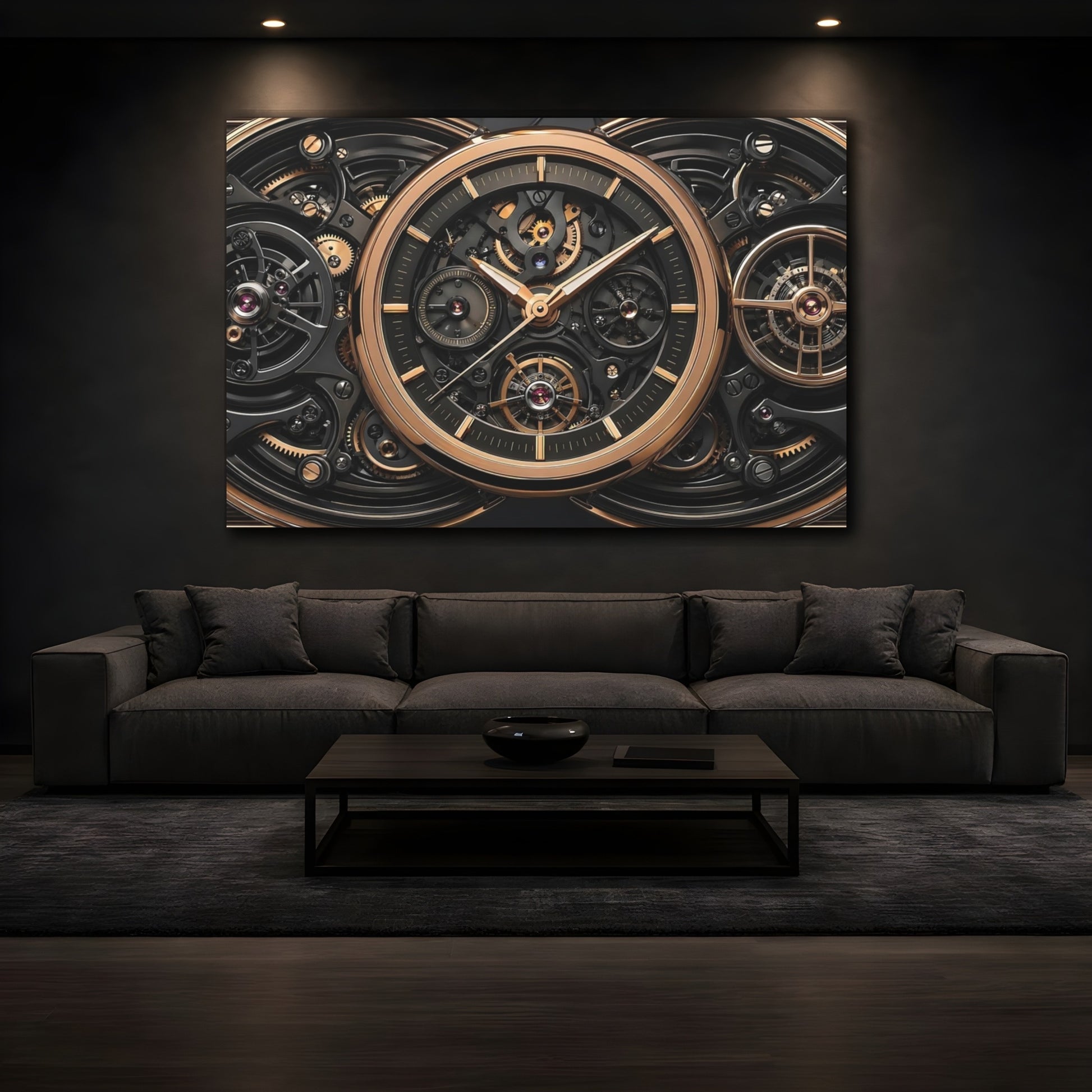 Mockup 3. Abstract Watch Mechanism Black And Gold shown as stretched canvas wall art