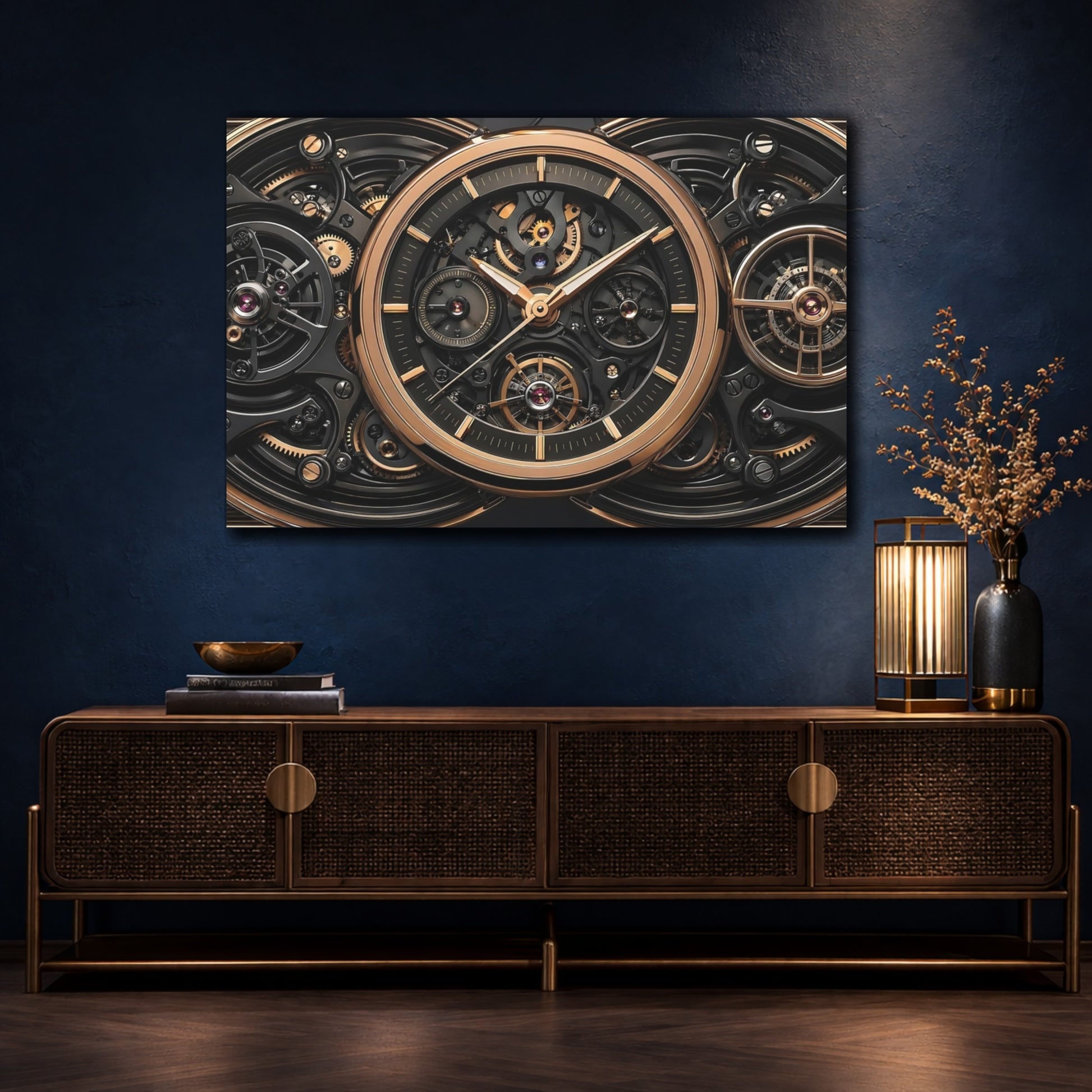 Mockup 4. Abstract Watch Mechanism Black And Gold shown as stretched canvas wall art