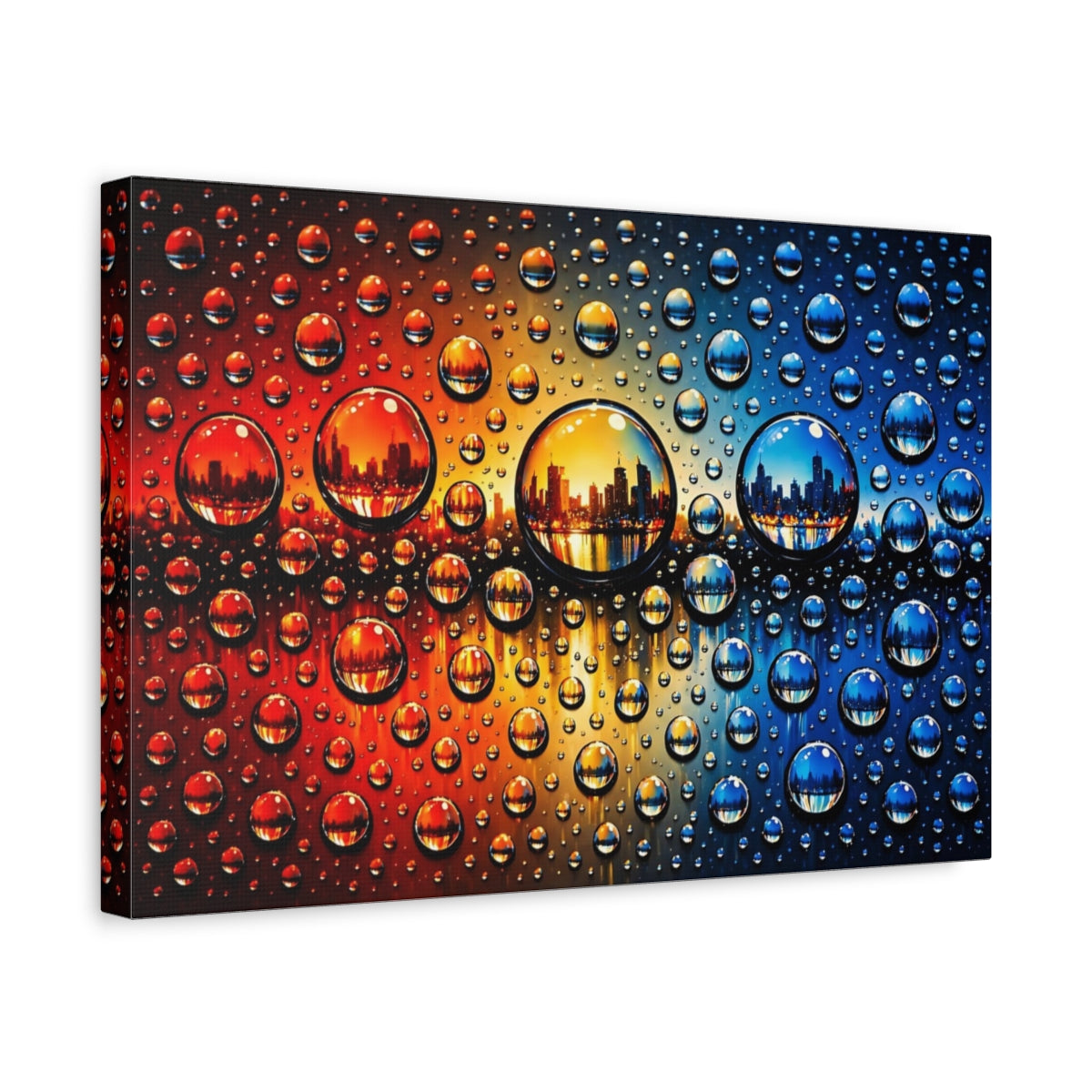 Side Mockup 4. Abstract Water Drops Orange Blue Gradient shown as stretched canvas wall art