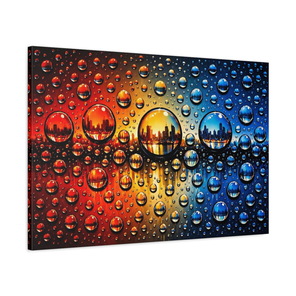 Side Mockup 1. Abstract Water Drops Orange Blue Gradient shown as stretched canvas wall art