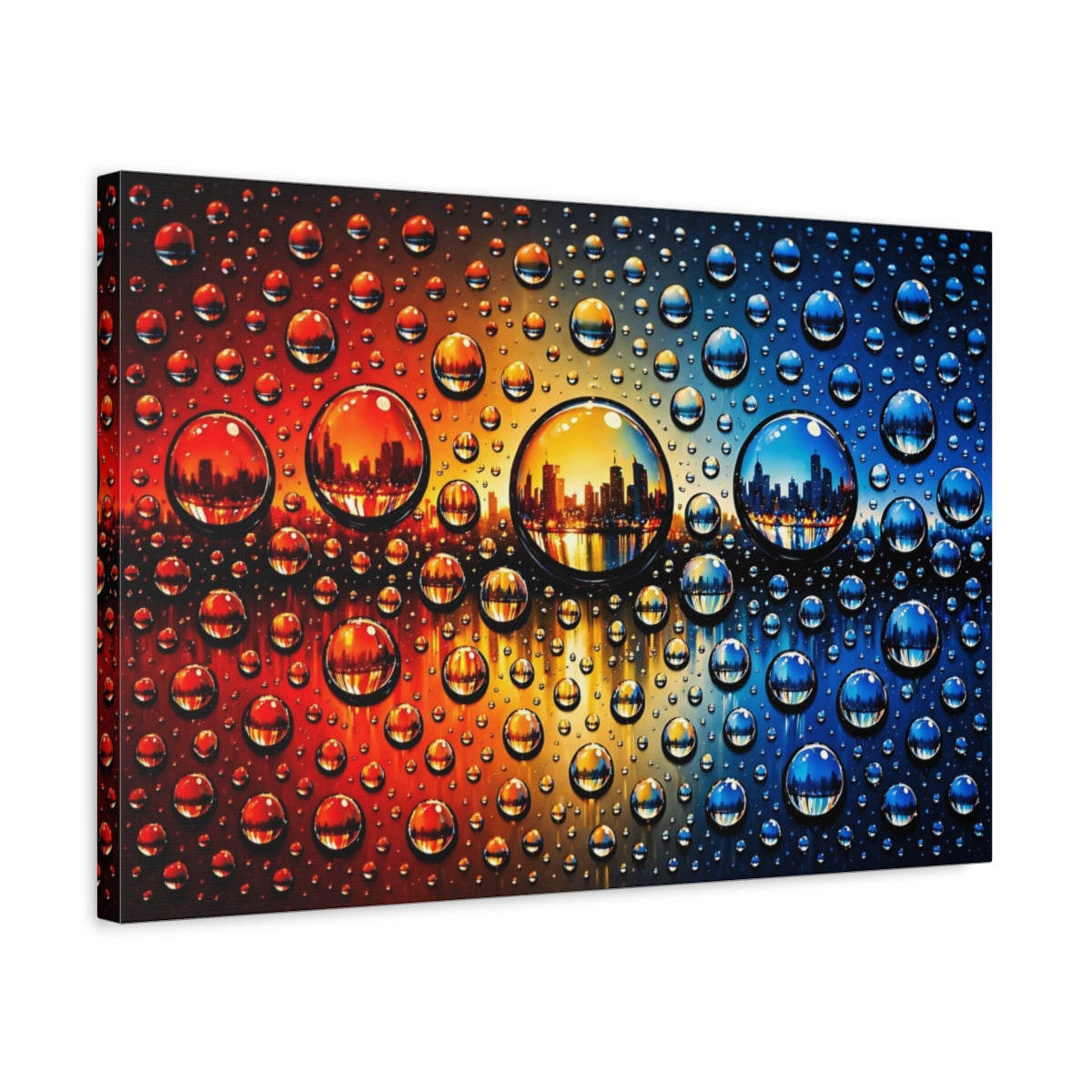Side Mockup 3. Abstract Water Drops Orange Blue Gradient shown as stretched canvas wall art