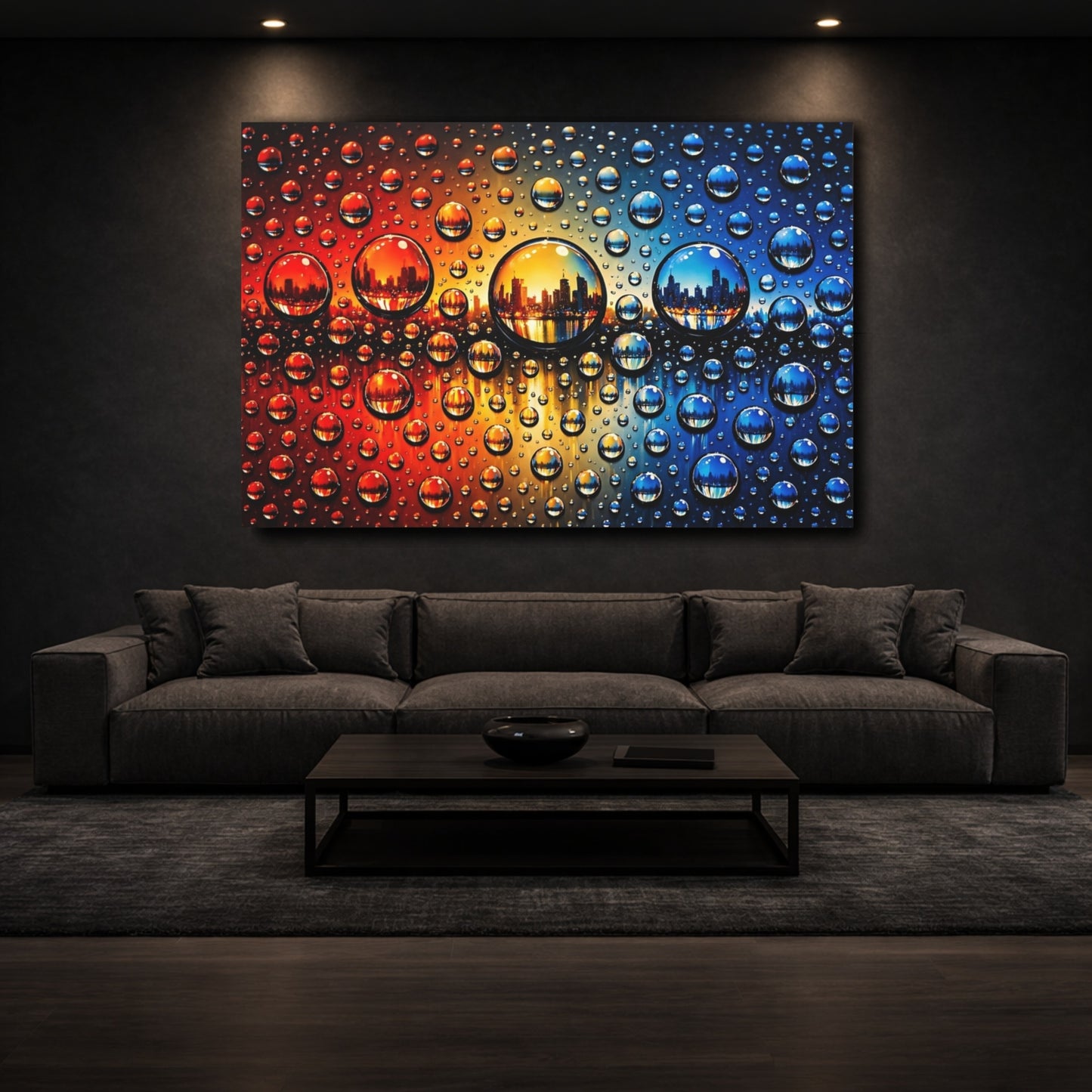Mockup 2. Abstract Water Drops Orange Blue Gradient shown as stretched canvas wall art