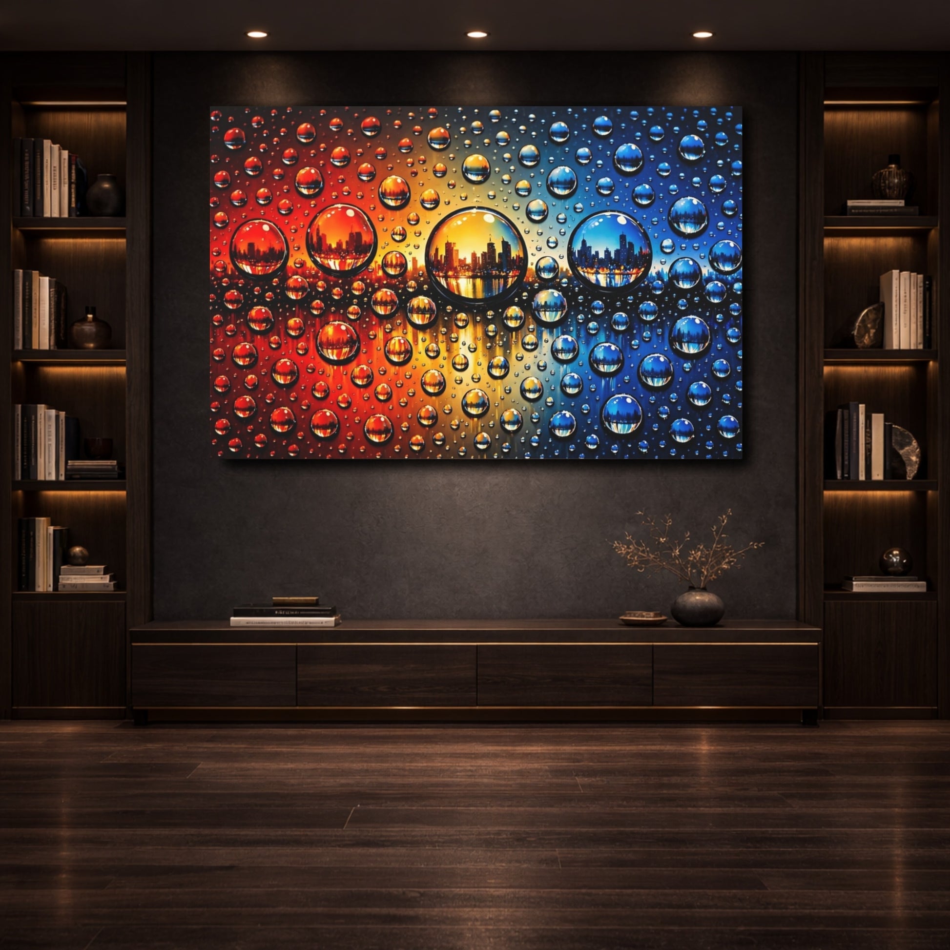 Mockup 3. Abstract Water Drops Orange Blue Gradient shown as stretched canvas wall art