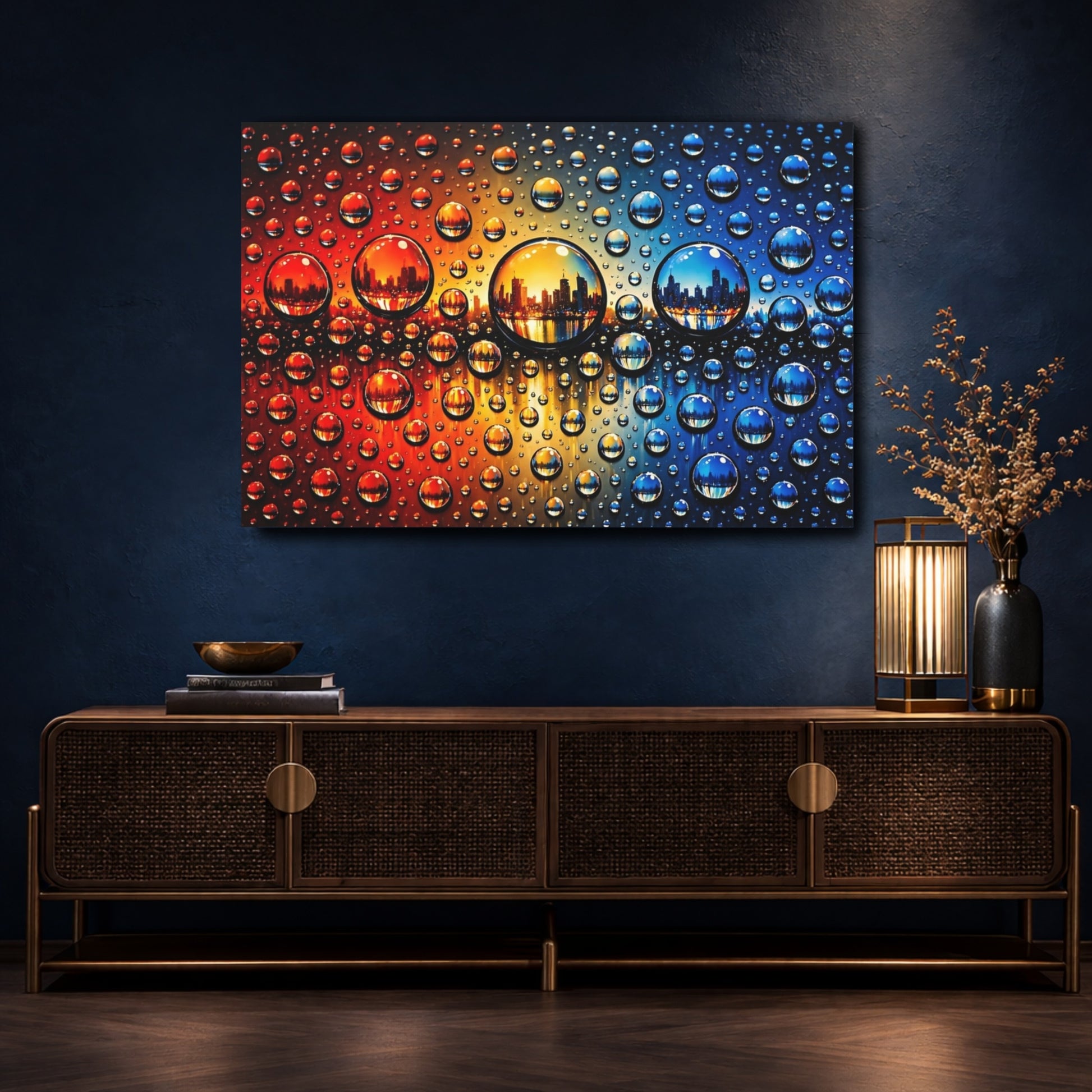 Mockup 4. Abstract Water Drops Orange Blue Gradient shown as stretched canvas wall art
