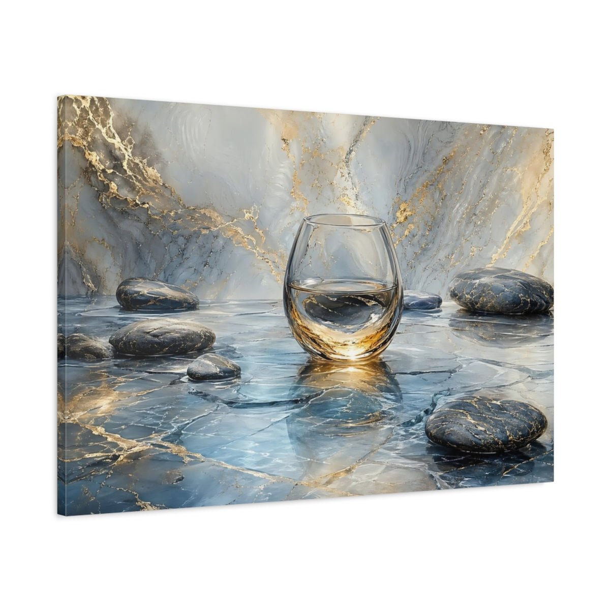 Main Mockup. Abstract Water Glass Blue Gold Marble shown as stretched canvas wall art