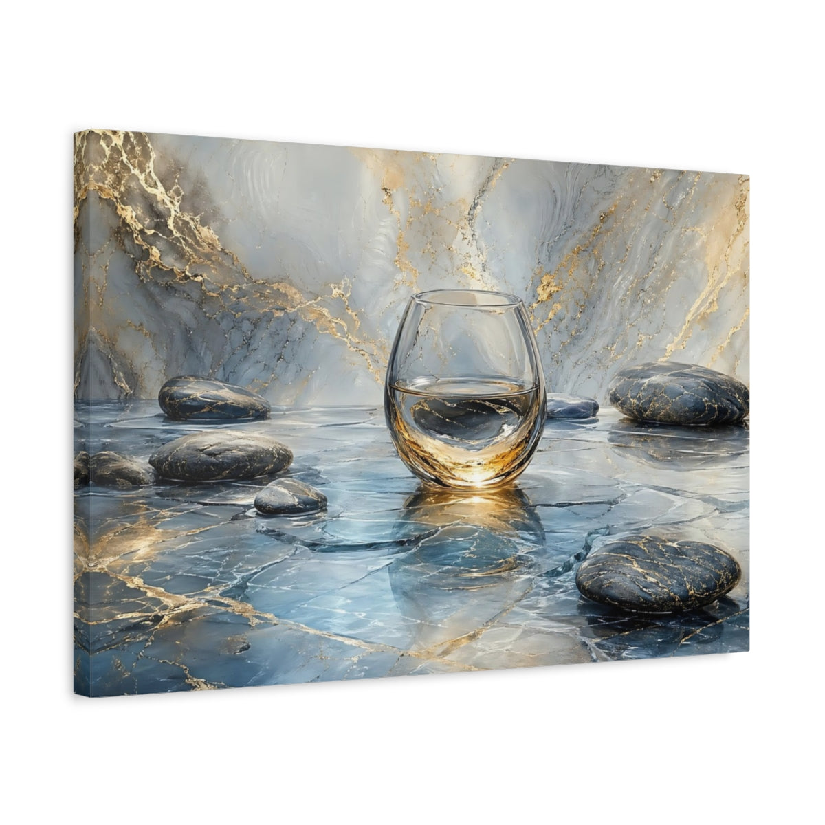 Side Mockup 3. Abstract Water Glass Blue Gold Marble shown as stretched canvas wall art