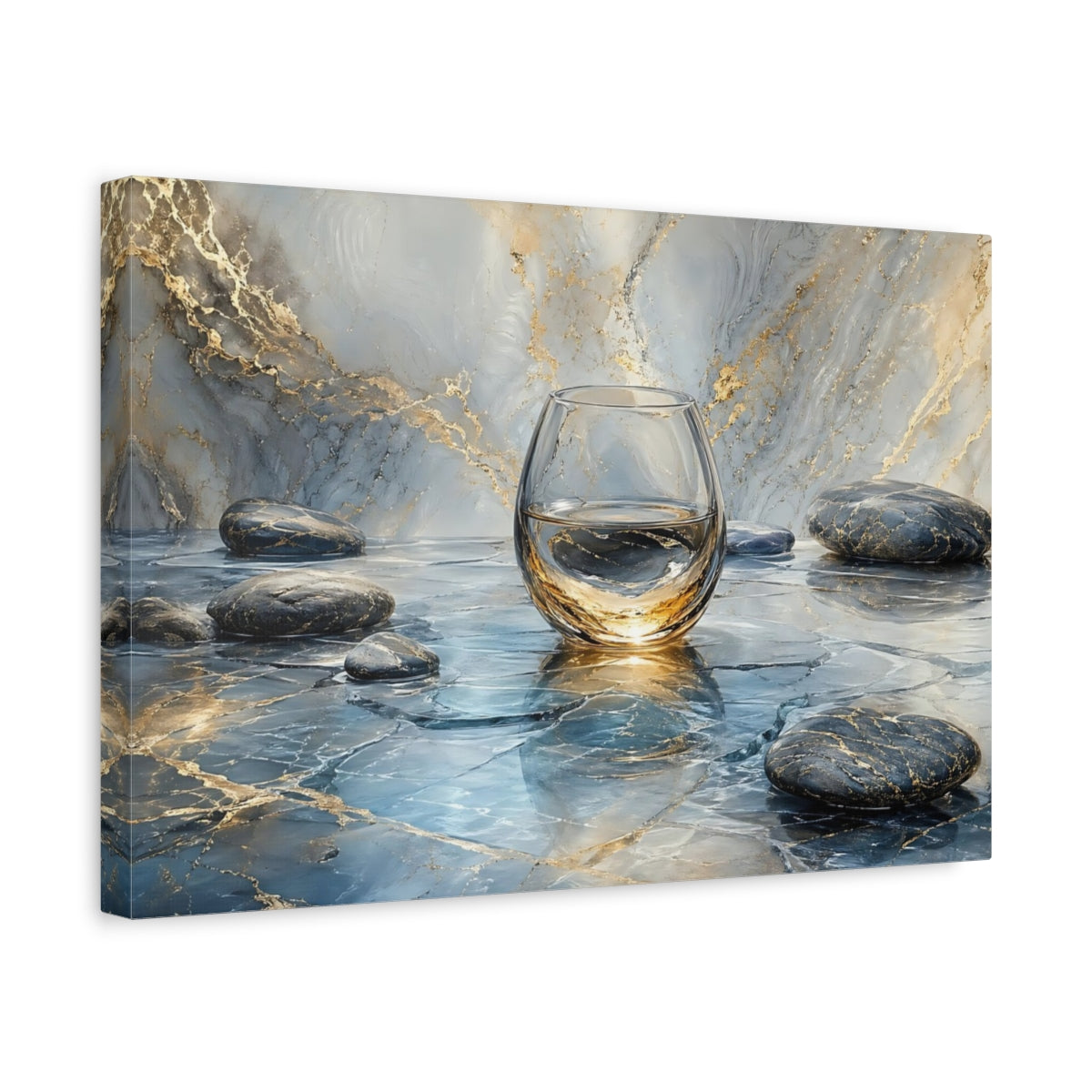 Side Mockup 4. Abstract Water Glass Blue Gold Marble shown as stretched canvas wall art