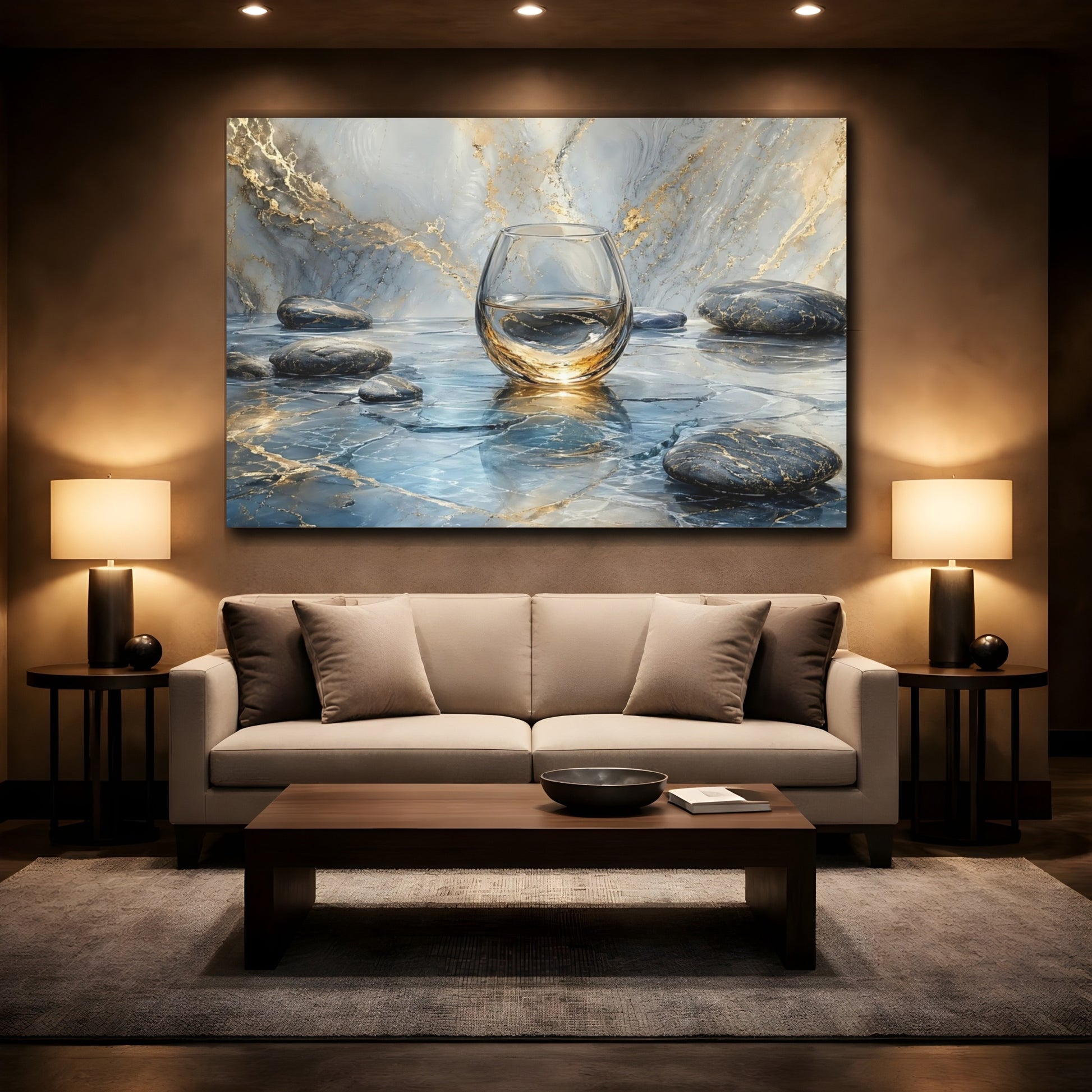 Mockup 2. Abstract Water Glass Blue Gold Marble shown as stretched canvas wall art