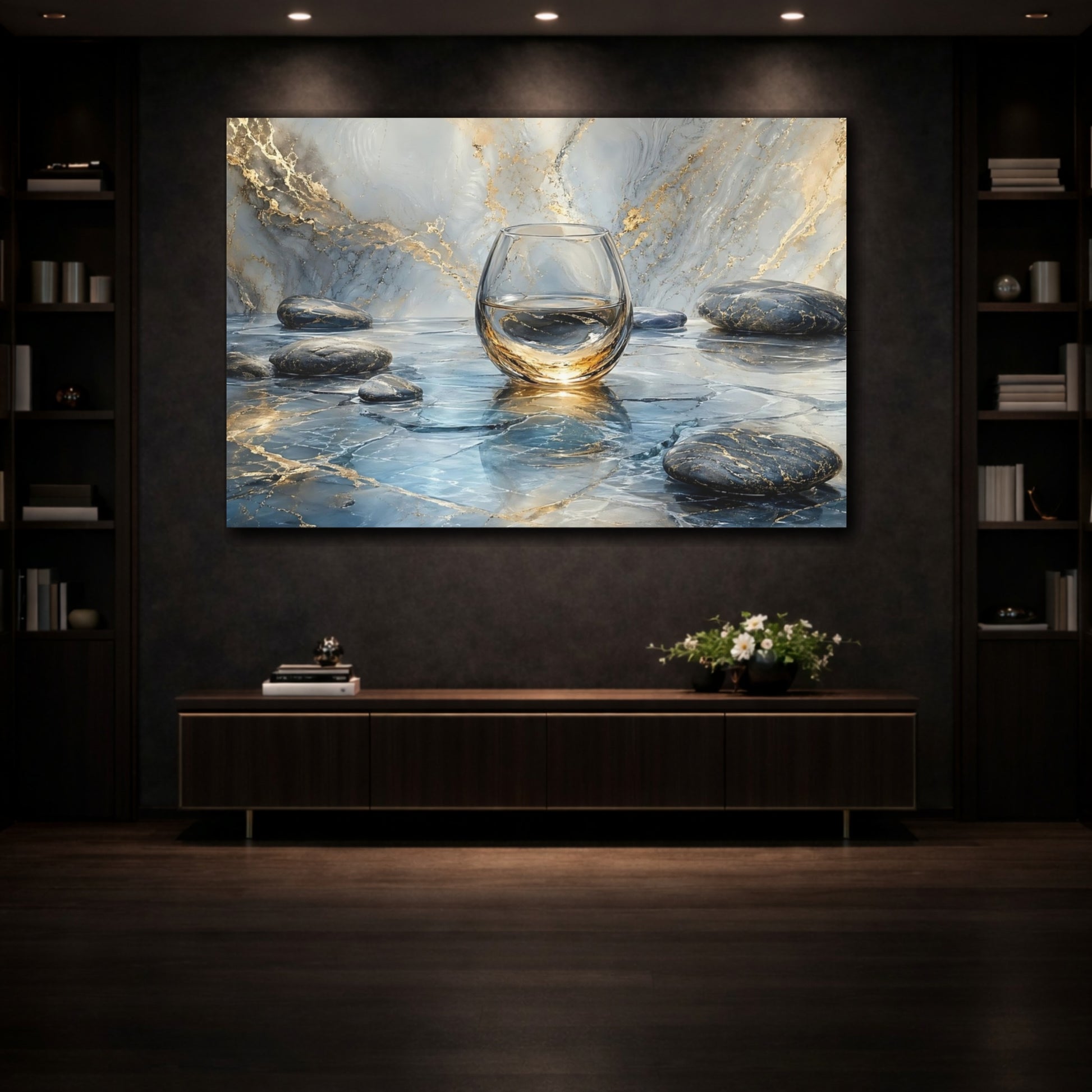Mockup 3. Abstract Water Glass Blue Gold Marble shown as stretched canvas wall art