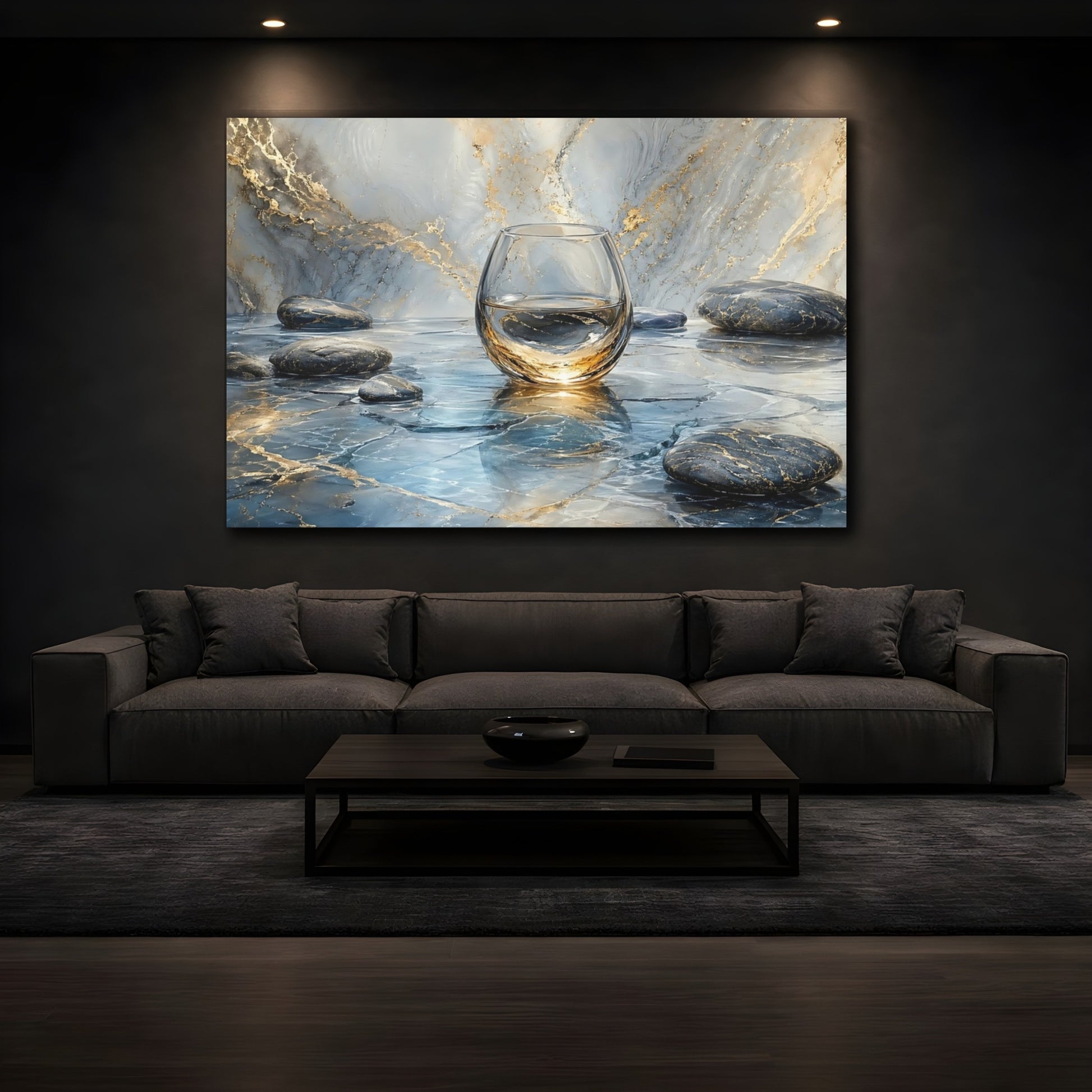 Mockup 4. Abstract Water Glass Blue Gold Marble shown as stretched canvas wall art