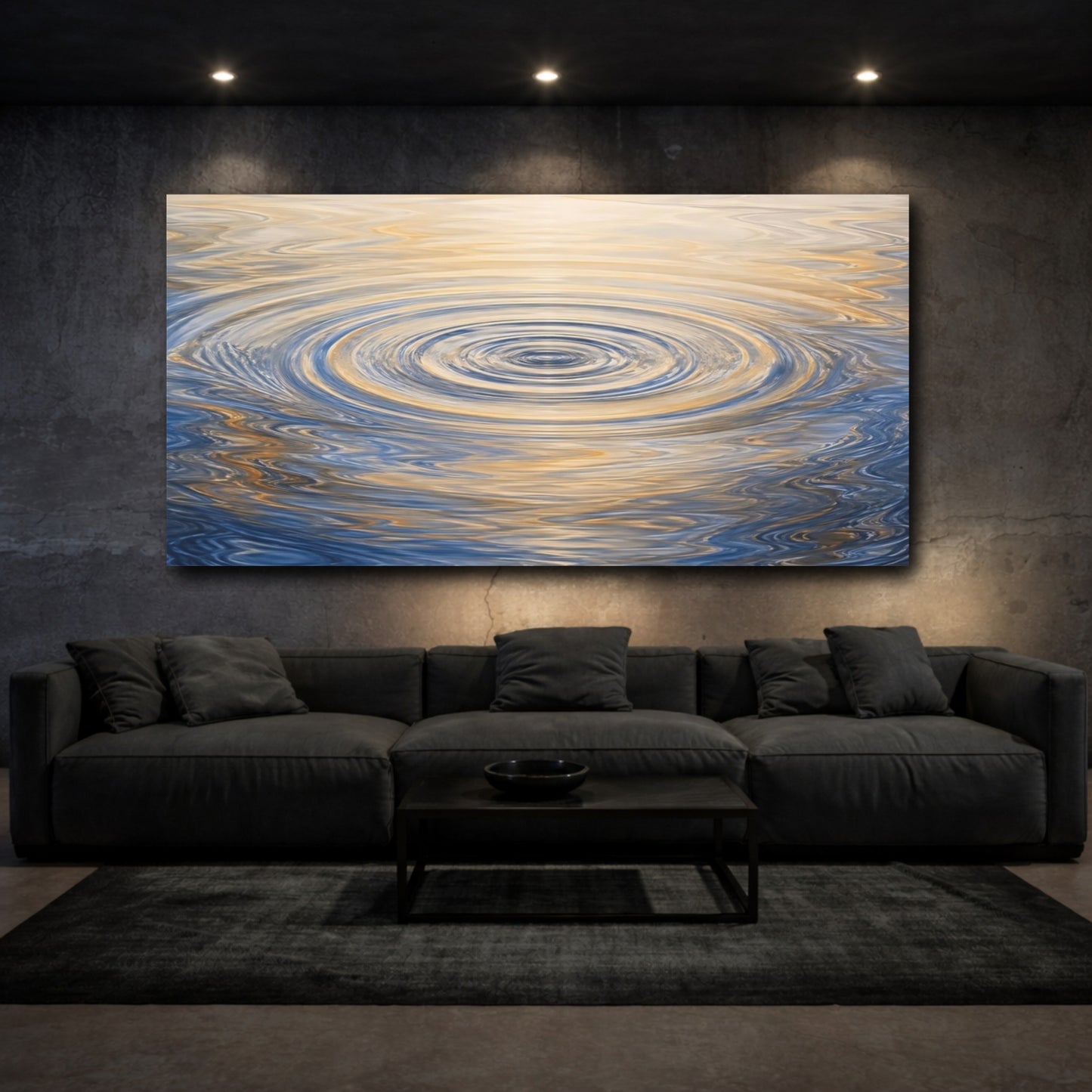 Mockup 2. Abstract Water Ripples Blue And Gold Ripples shown as stretched canvas wall art