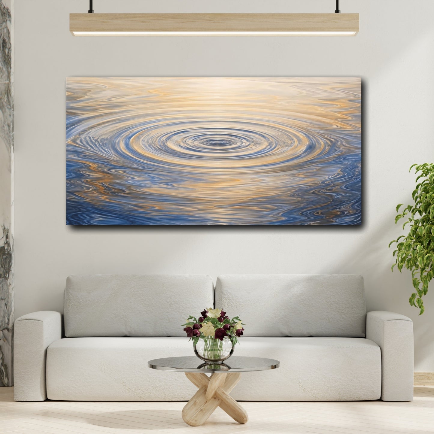 Mockup 3. Abstract Water Ripples Blue And Gold Ripples shown as stretched canvas wall art