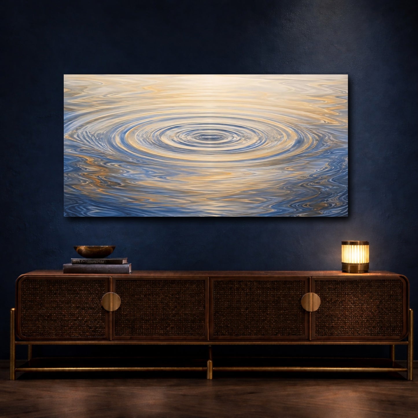 Mockup 4. Abstract Water Ripples Blue And Gold Ripples shown as stretched canvas wall art