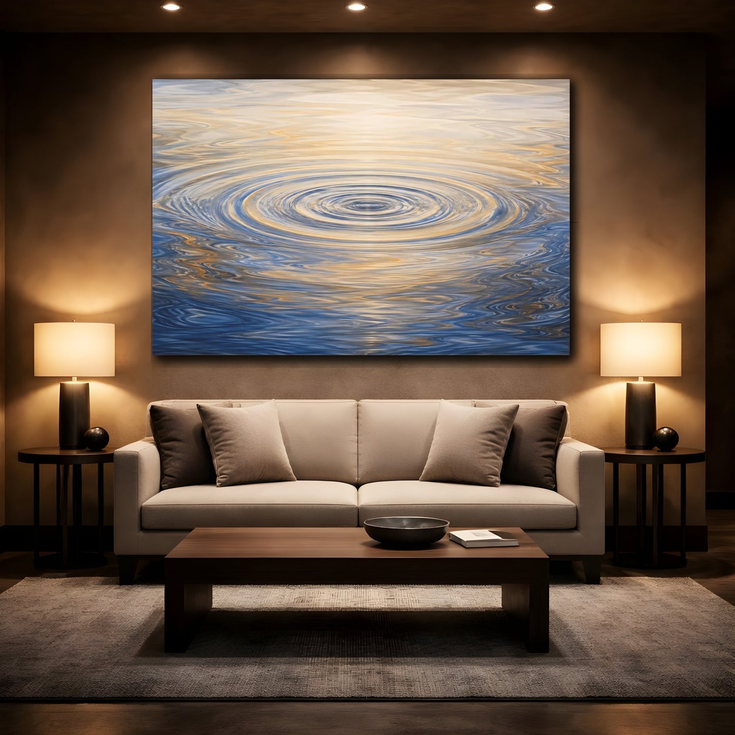 Mockup 2. Abstract Water Ripples Blue And Gold shown as stretched canvas wall art