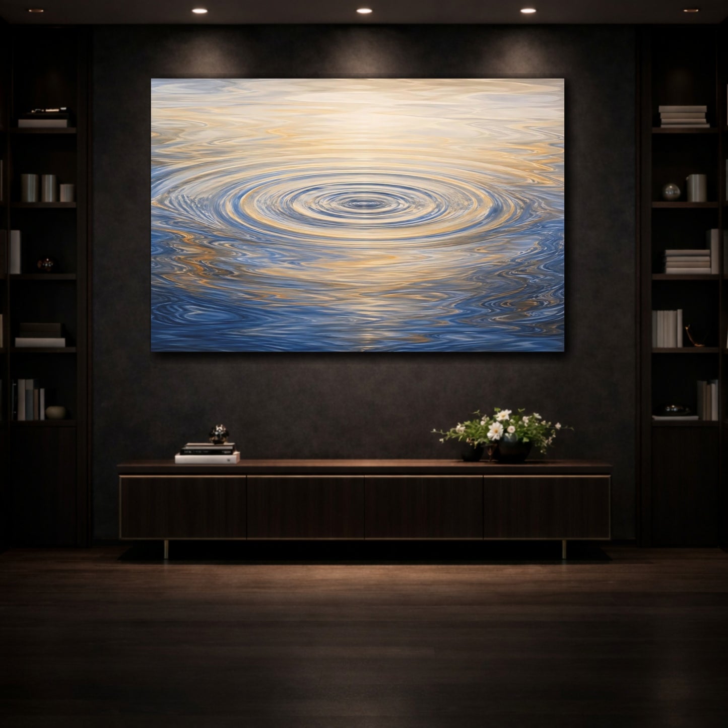 Mockup 3. Abstract Water Ripples Blue And Gold shown as stretched canvas wall art