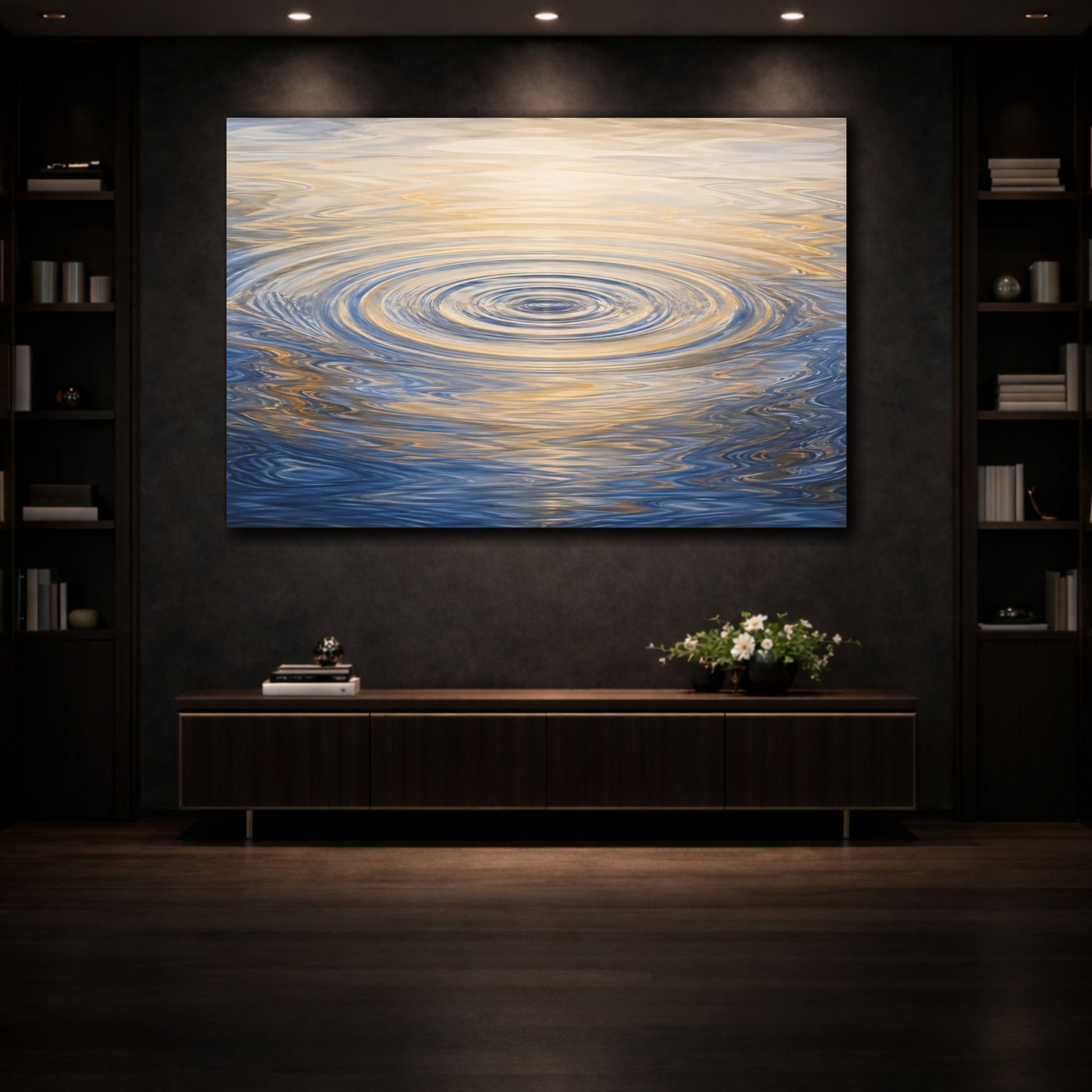 Mockup 3. Abstract Water Ripples Blue And Gold shown as stretched canvas wall art