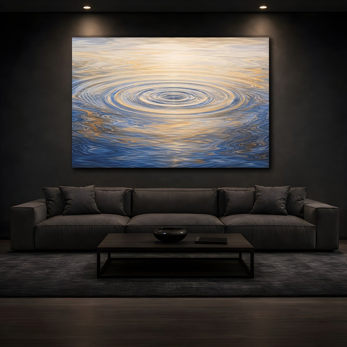 Mockup 4. Abstract Water Ripples Blue And Gold shown as stretched canvas wall art