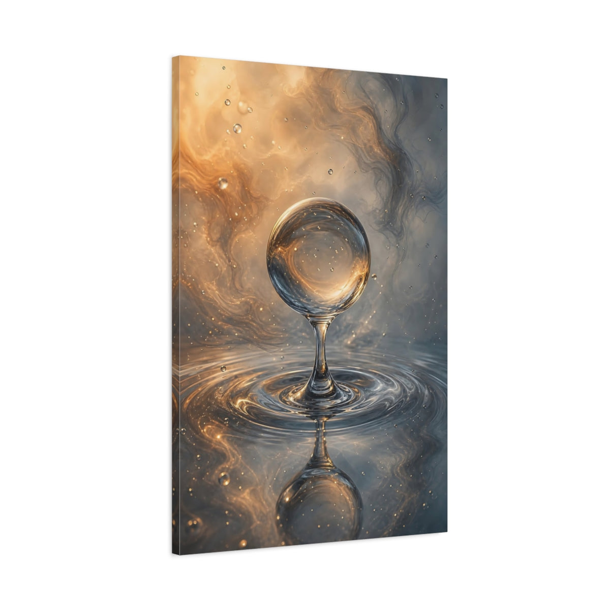 Main Mockup. Abstract Water Sphere Gold And Blue shown as stretched canvas wall art