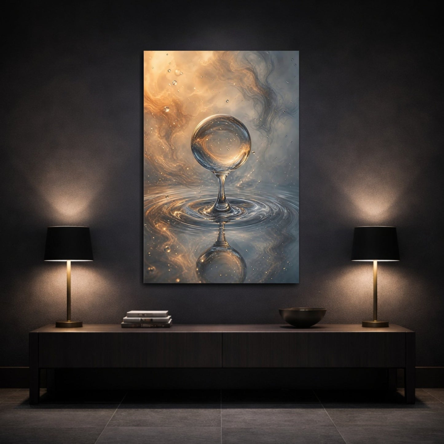 Abstract Water Sphere Gold And Blue Canvas Print – Living Room, Large Wall - YesArtYes