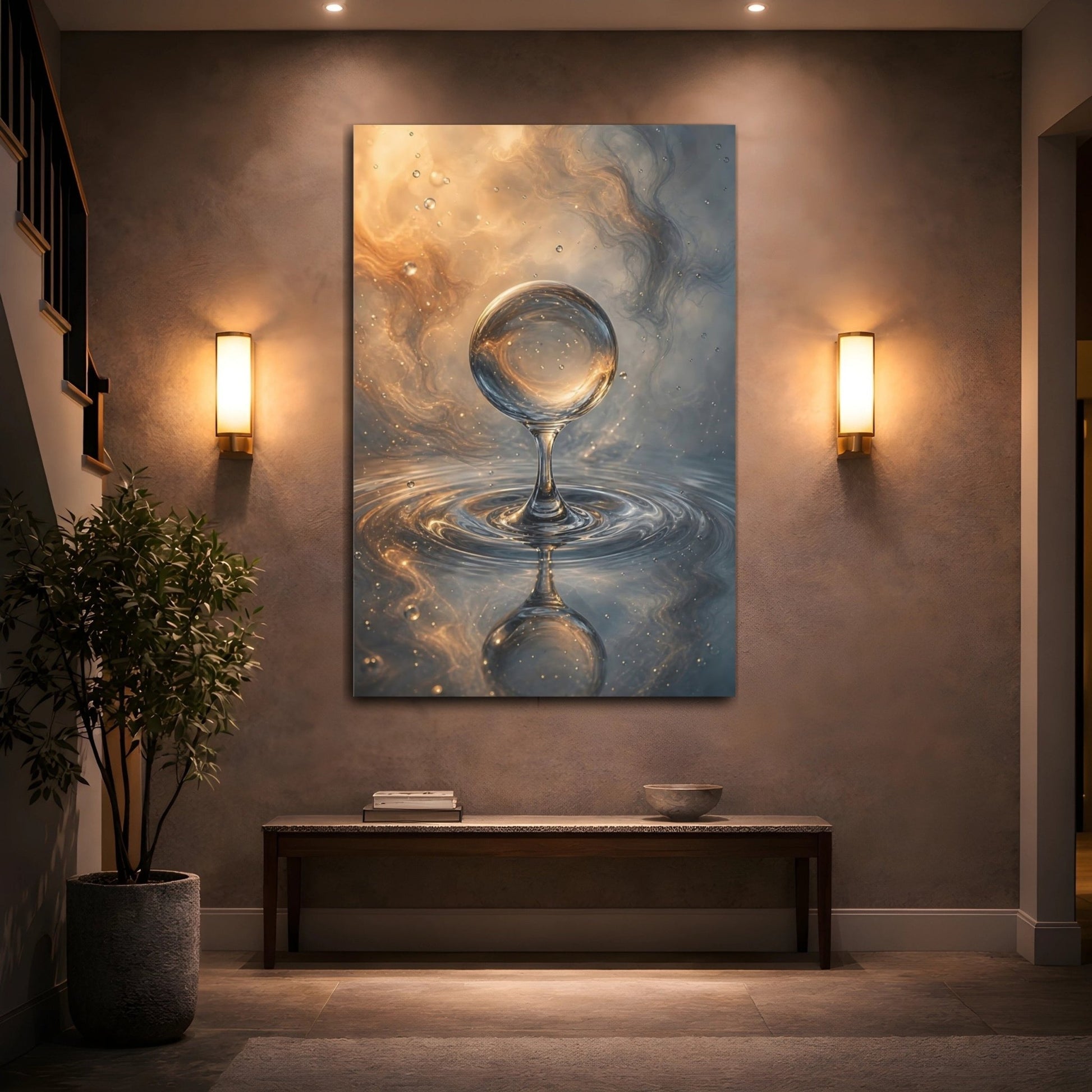 Abstract Water Sphere Gold And Blue Canvas Print – Living Room, Large Wall - YesArtYes