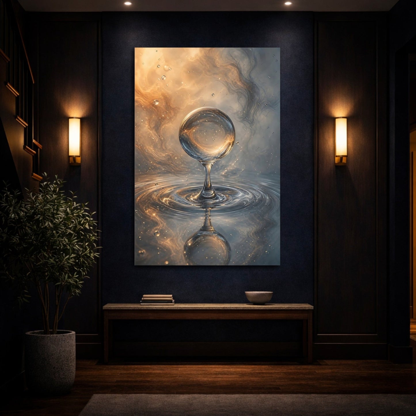 Abstract Water Sphere Gold And Blue Canvas Print – Living Room, Large Wall - YesArtYes