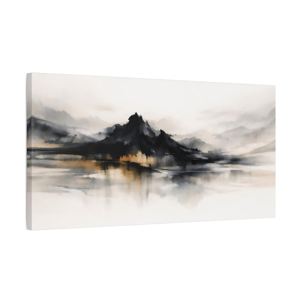 Side Mockup 2. Nature Mountains Black Gold Landscape shown as stretched canvas wall art