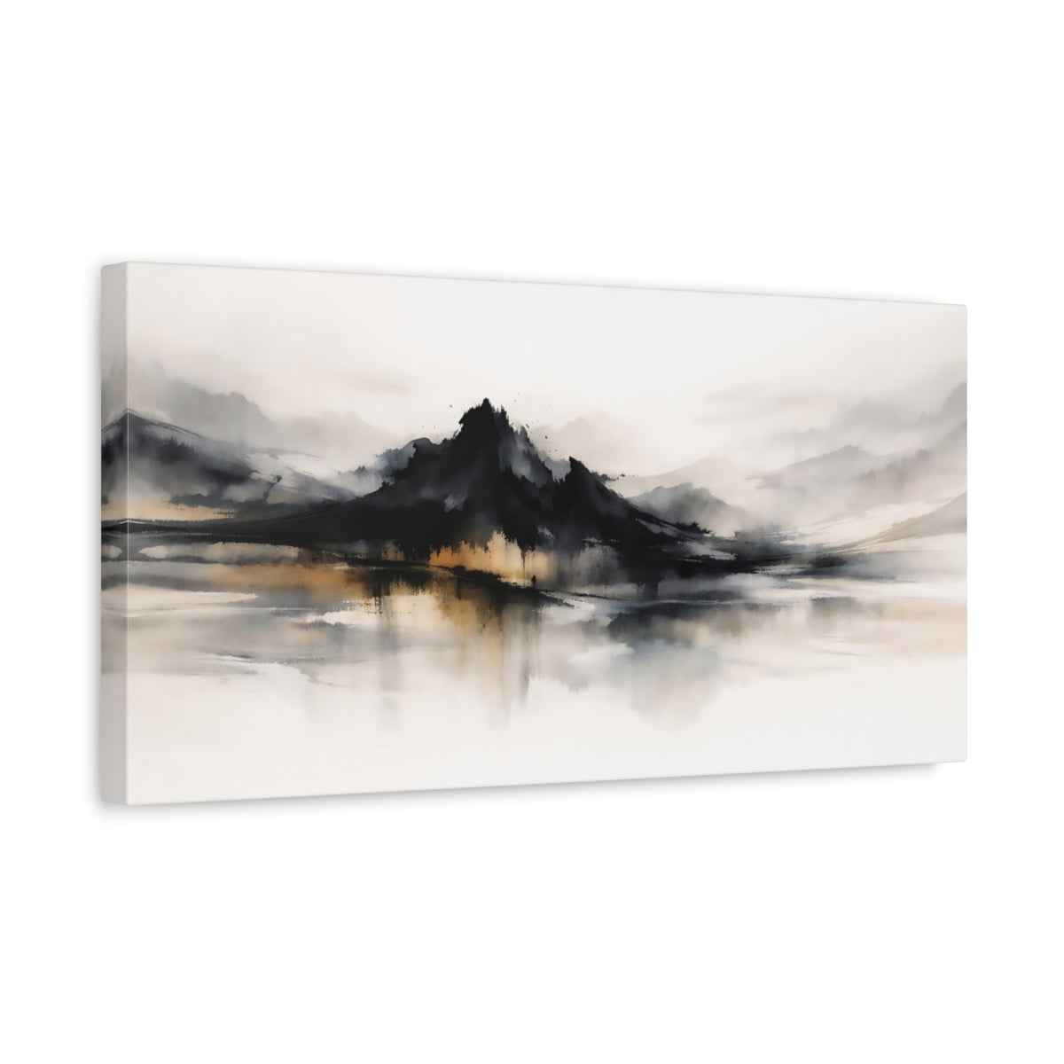 Side Mockup 3. Nature Mountains Black Gold Landscape shown as stretched canvas wall art