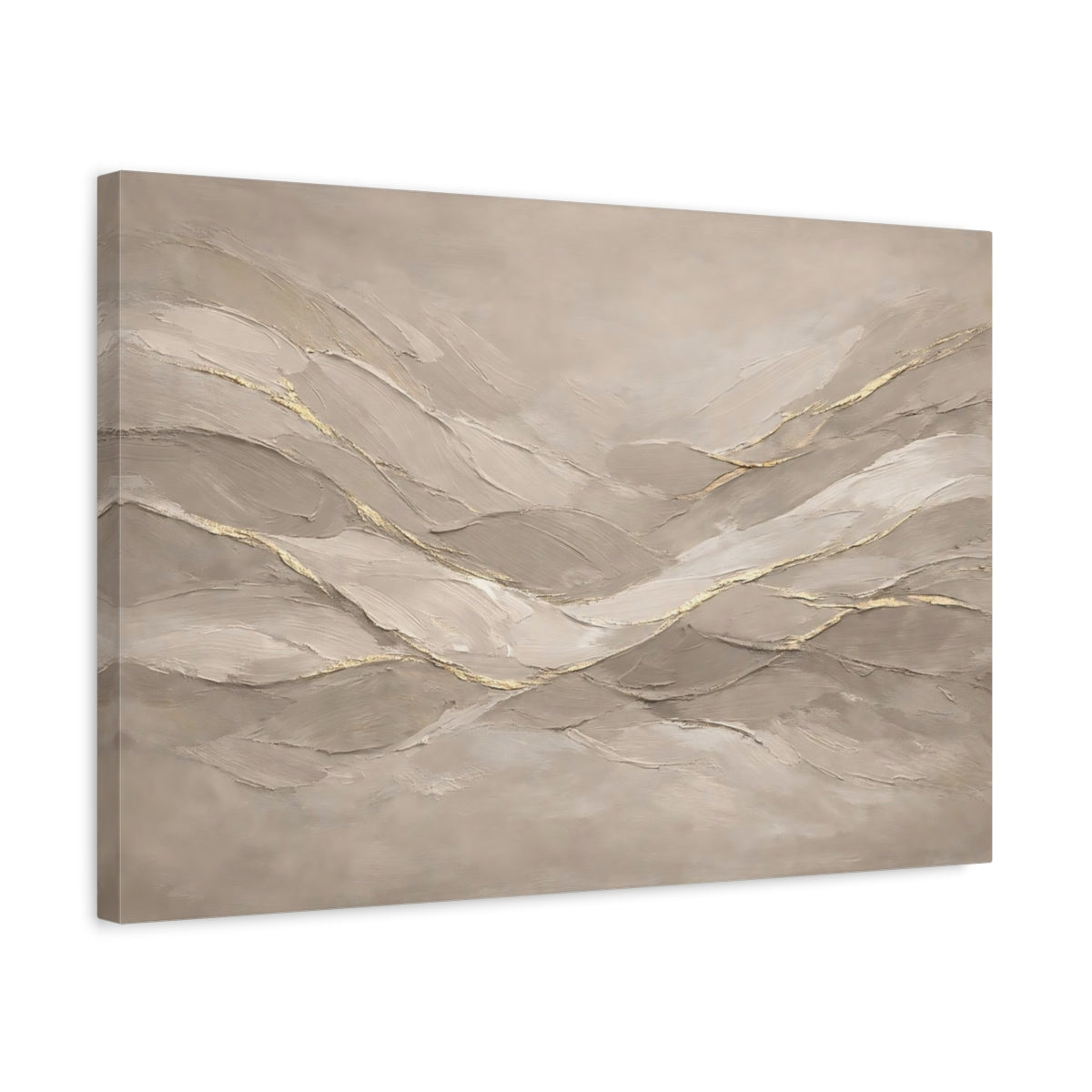 Side Mockup 3. Abstract Abstract Waves Beige And Gold shown as stretched canvas wall art