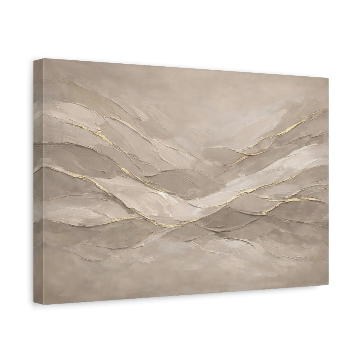 Side Mockup 4. Abstract Abstract Waves Beige And Gold shown as stretched canvas wall art