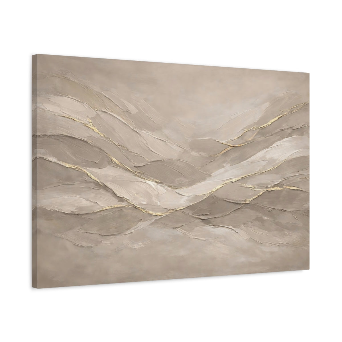 Side Mockup 2. Abstract Abstract Waves Beige And Gold shown as stretched canvas wall art