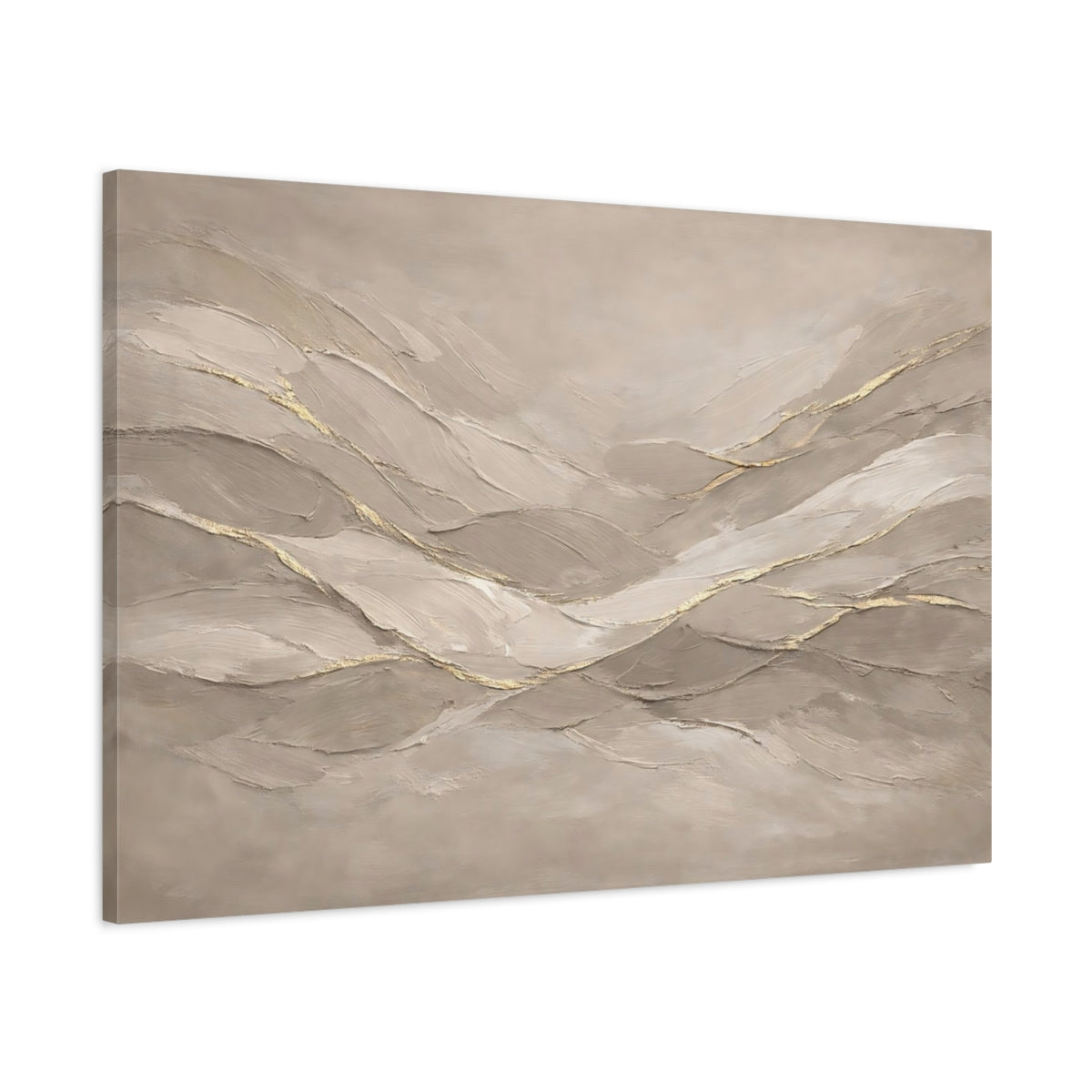 Side Mockup 1. Abstract Abstract Waves Beige And Gold shown as stretched canvas wall art
