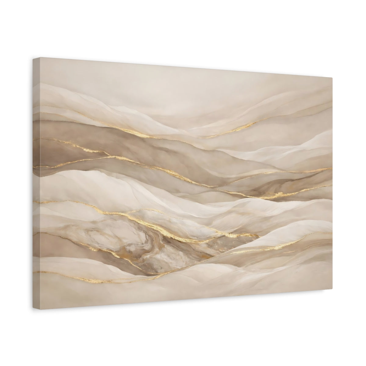 Side Mockup 3. Abstract Abstract Waves Beige Gold shown as stretched canvas wall art
