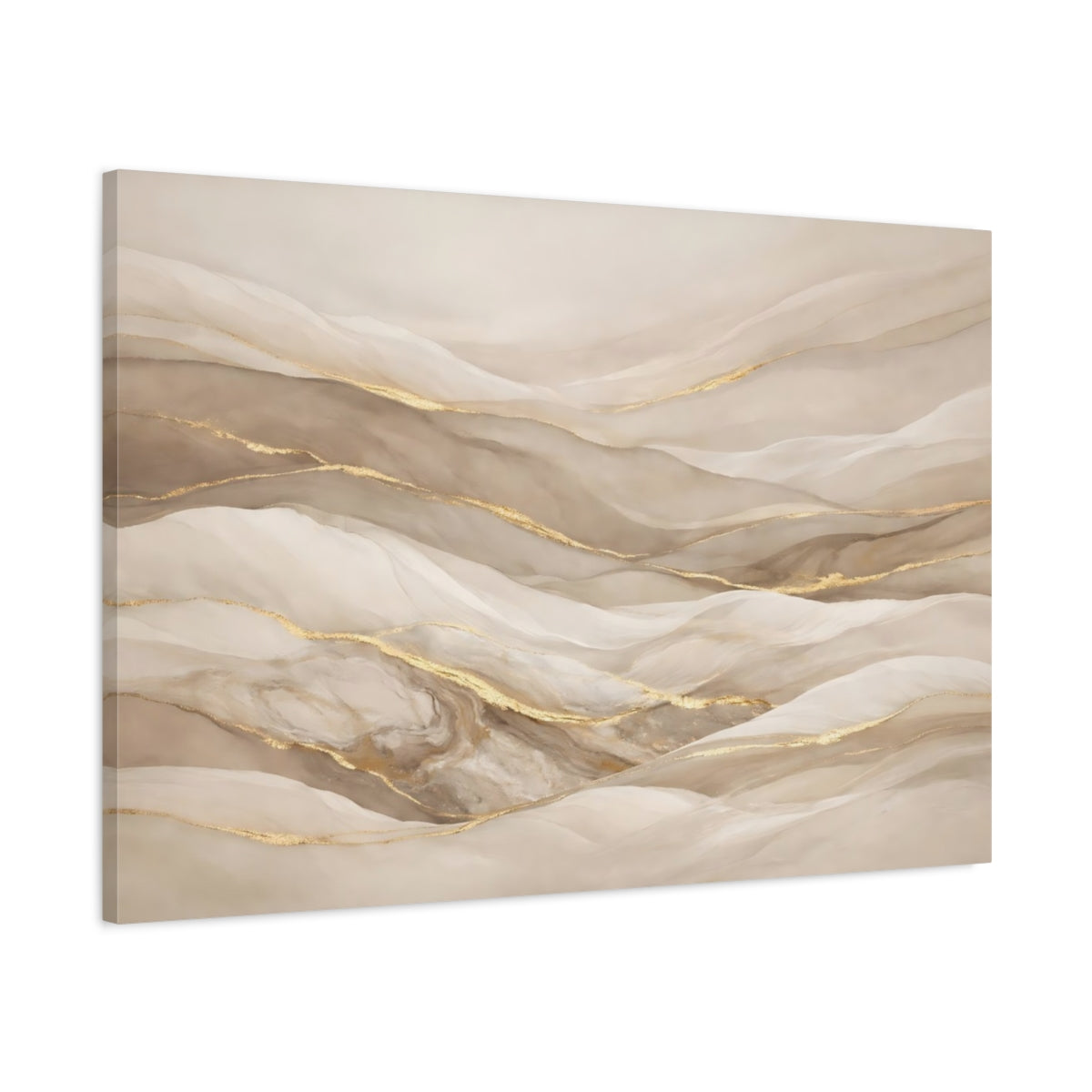 Side Mockup 1. Abstract Abstract Waves Beige Gold shown as stretched canvas wall art