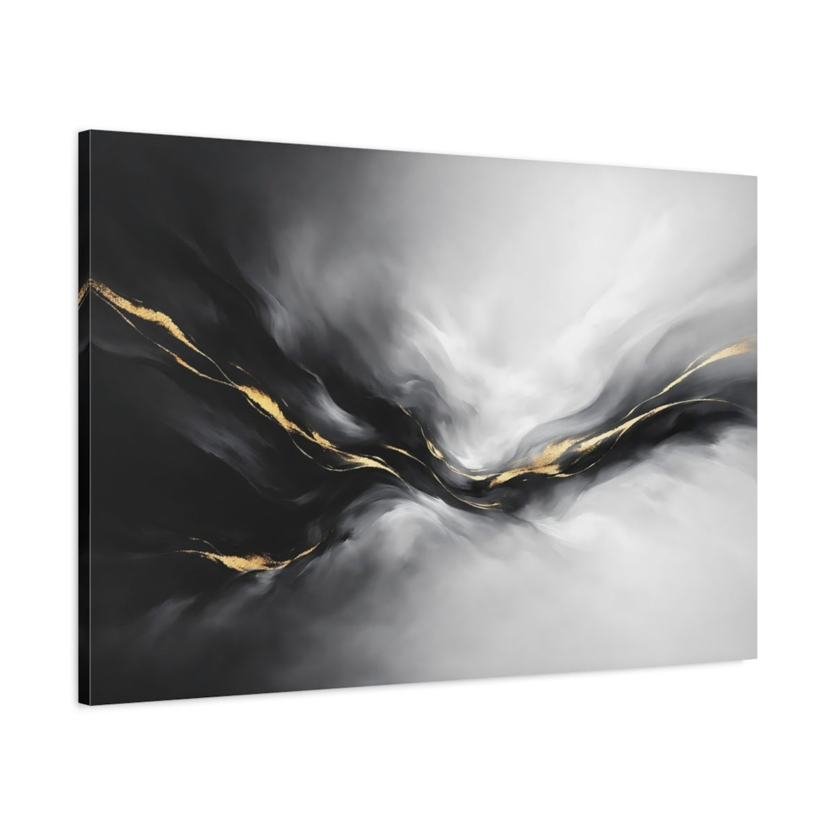 Side Mockup 1. Abstract Abstract Waves Black And Gold shown as stretched canvas wall art